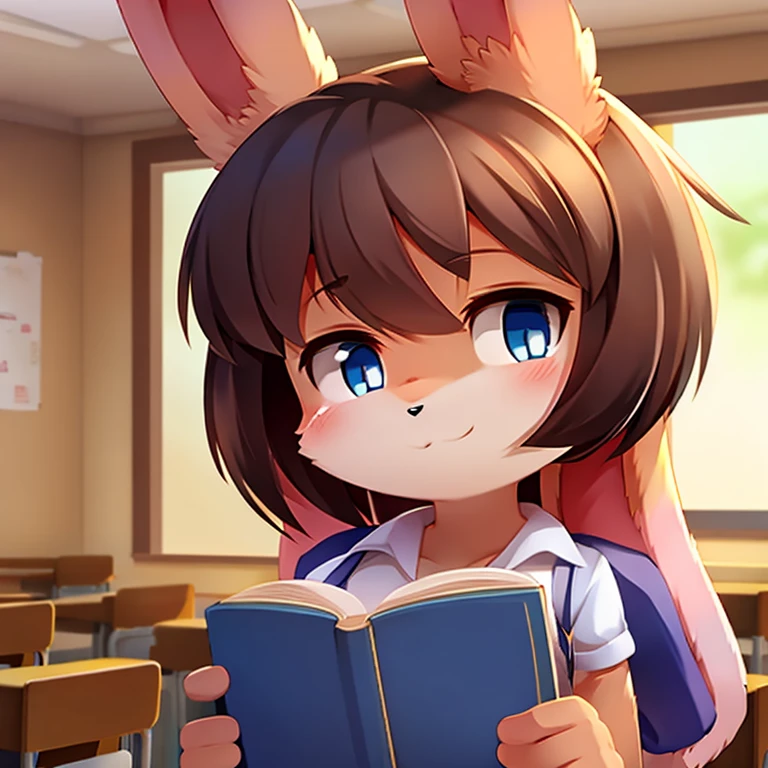 Furry girl, full pink rabbit, black nose, hair covering one eye, holding a book, freshness, freshness, red cheek, blue eye, school background, high quality, cute face 