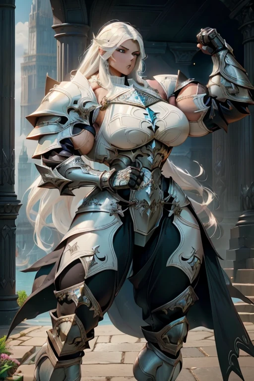 Woman knight、a beauty girl、huge tit、Excellent style、Nice Buddy、glamorous、leotard、s Armor、Shoulder rest armor、Bra chest armor、knee boots、gauntlets、hair adornments、silber hair、Longhaire、Ahoge、is standing、full body seen 、Medieval city、Walking、slightly open mouth、a smile、
