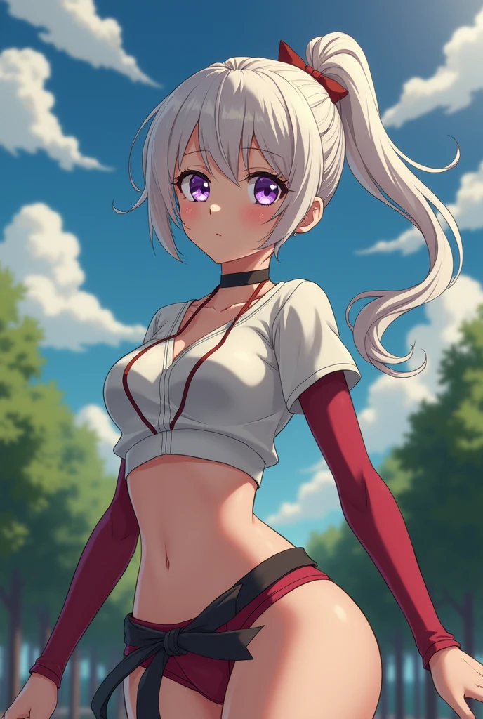 road in forest,White blouse,Girl,Staggering,Blood is flowing from my stomach,Drooping internal organs,Hold your stomach with your left hand,Painful expression,semi-long,