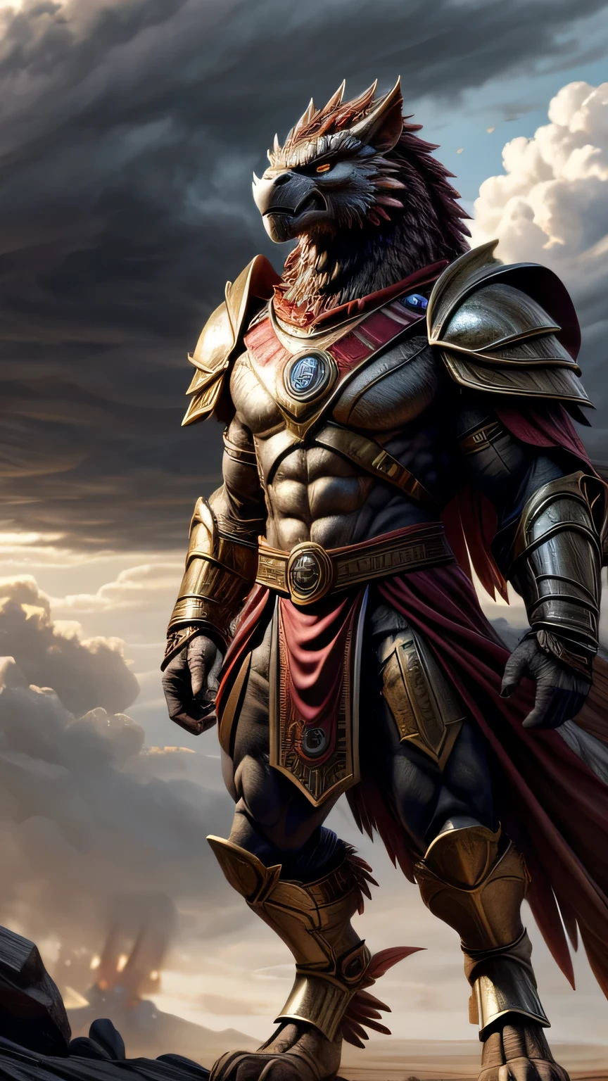 A mighty humanoid griffin with a symmetrically sculpted, muscular body, covered in a mix of feathers and skin. He wears traditional warrior clothing and armor, standing tall and fearless, his griffin head snarling in defiance. The setting is a grand battlefield, with thunderous clouds rolling overhead, creating a cinematic feel as he prepares for battle