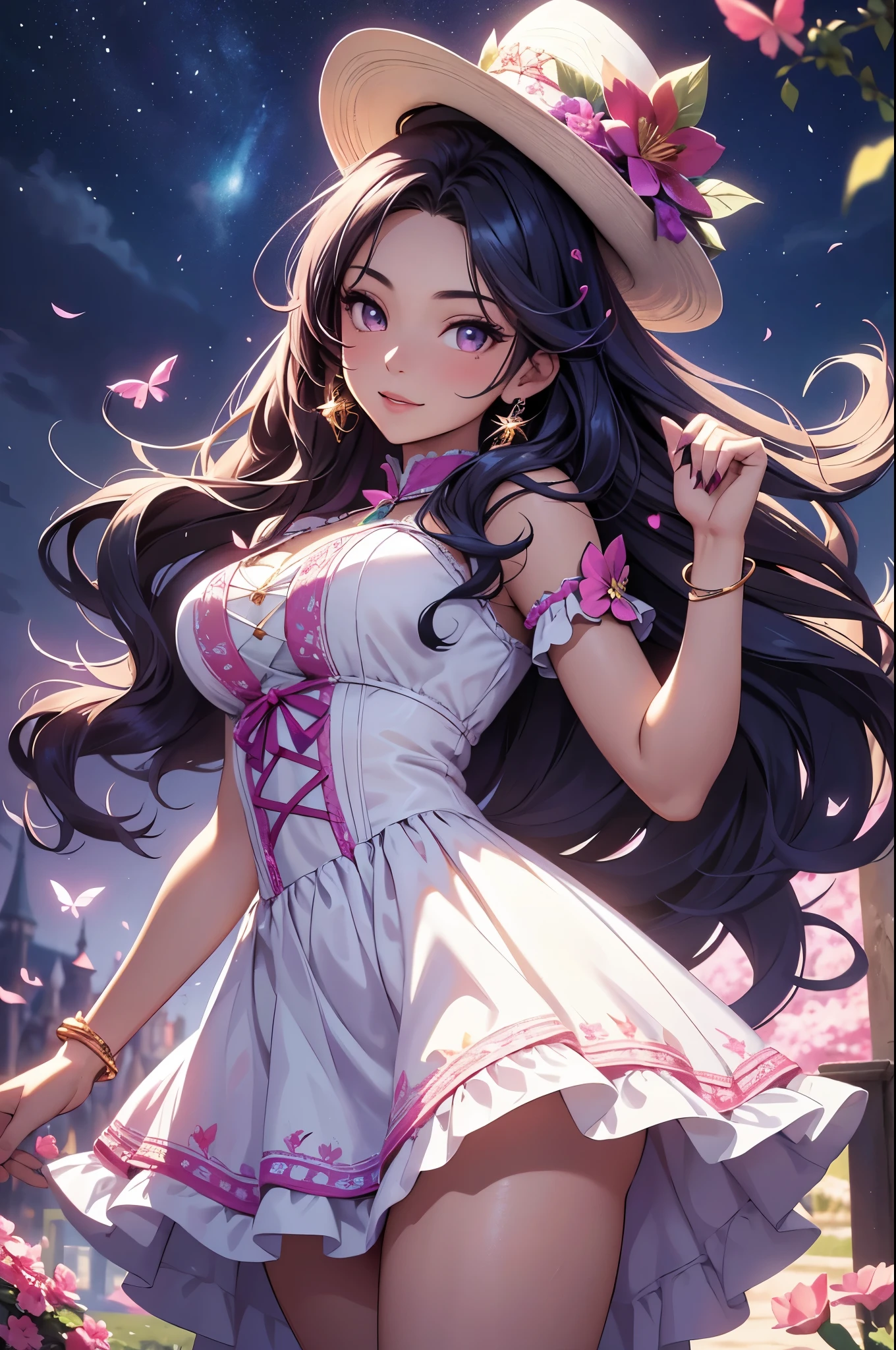 beautiful African American (brown-skinned) anime girl, dark skin, (long thick black hair) , (medium big breasts , cleavage), gorgeous face, sexy lips, (pink pouty glossy lipstick) ((pink )), (( face shot, head back laughter, smiling, maniacal laughter, , eyes closed),