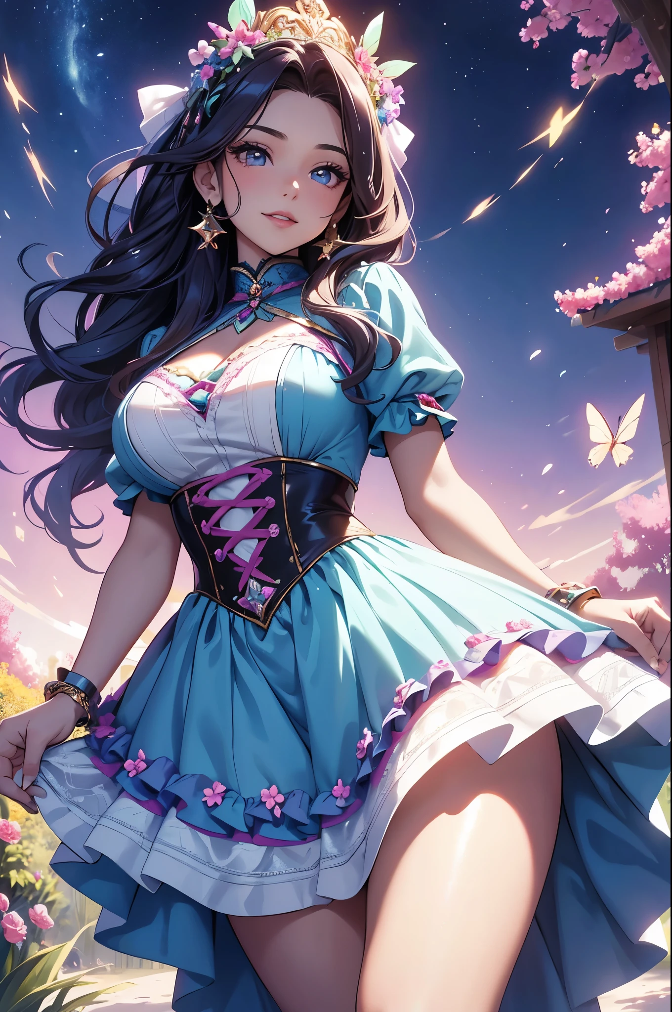 (best quality,4k,8k,highres,masterpiece:1.2),ultra-detailed,(realistic,photorealistic,photo-realistic:1.37),acrylic painting,beautiful Latina model in a ta dress with downy hair,beautiful Latina model with extremely colorful hair and detailed facial features,beautiful Latina model standing in a beautiful garden surrounded by a starry sky,beautiful Latina model wearing a vibrant Loliress,beautiful Latina model with intricate accessories and a matching hat,beautiful Latina model posing gracefully with her hands on her hips,beautiful Latina model with long flowing twintails,beautiful Latina model with bright blue eyes and rosy lips,beautiful Latina model with a joyful expression,beautiful Latina model in a dynamic pose with cherry blossoms falling around her,beautiful Latina model surrounded by colorful flowers and butterflies,beautiful Latina model's dress adorned with cute bows and lace details,beautiful Latina model with an enchanting smile,beautiful Latina model with soft, pastel-colored shading,beautiful Latina model with a magical glow illuminating her,beautiful Latina model in a picturesque setting with a winding path leading to a magnificent castle,beautiful Latina model holding a microphone and singing passionately,beautiful Latina model with a fairytale-like background,beautiful Latina model with a soft, dreamy atmosphere,beautiful Latina model with a subtle bokeh effect,beautiful Latina model standing under a moonlit sky,beautiful Latina model with a warm, golden sunset in the background,beautiful Latina model surrounded by twinkling stars and colorful nebulae,creating an ethereal and captivating artistic masterpiece.