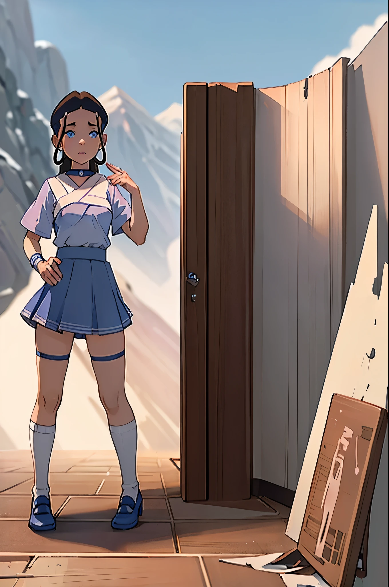 masterpiece, high quality, 1girl, katara, katara from Airbender style, brunette hair, blue eyes, blue school skirt, white thigh high socks, high heels, pink lace bra, exposed thong, small breasts, flat chest, bent over, looking at viewer, mirror selfie, winter landscape. 