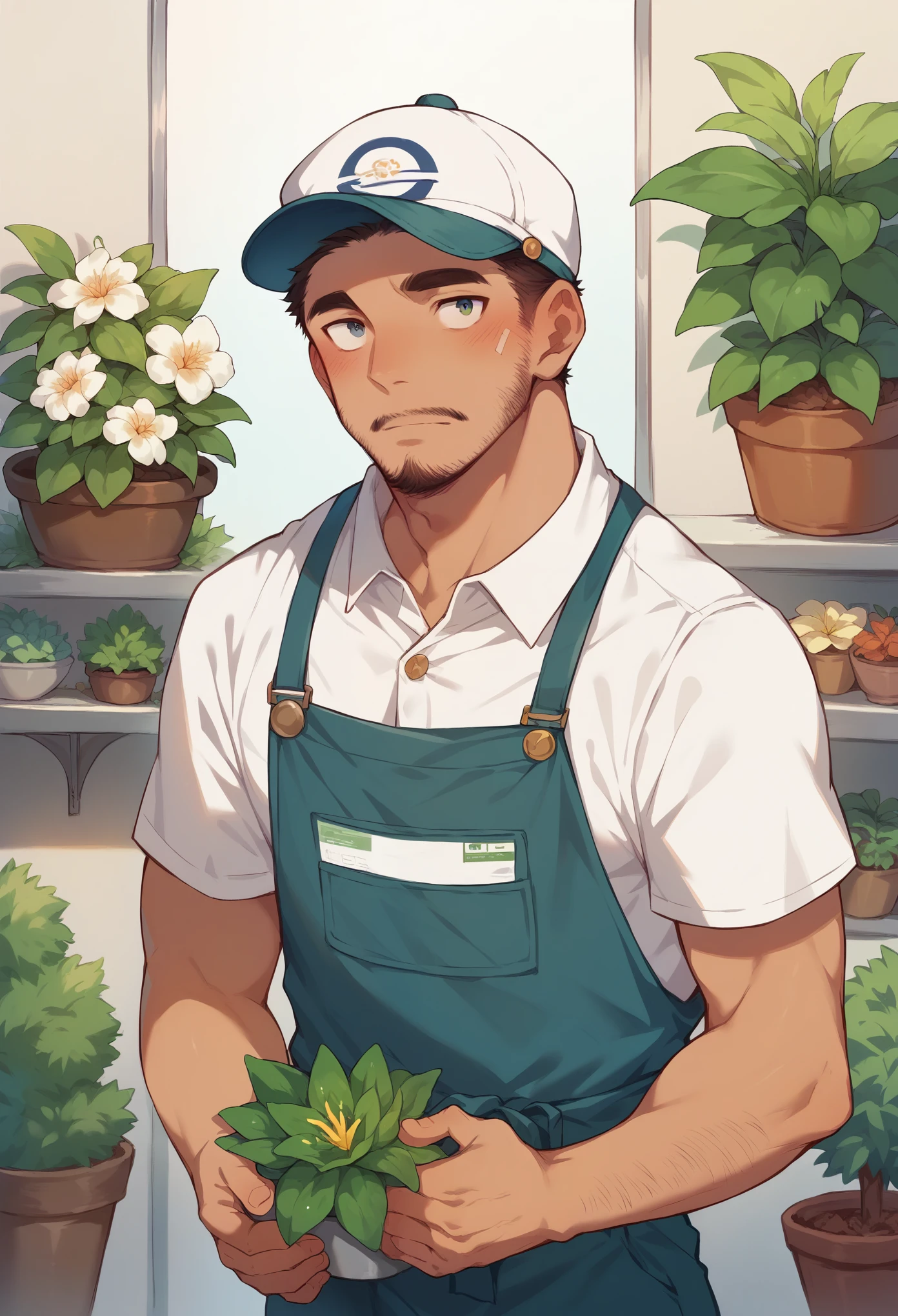 Generate Sprites of a man for a visual novel. He has to be dressed like a flower shop employee, with a not-so-long beard, but a little one that looks attractive and some flower pots. And a drawing style