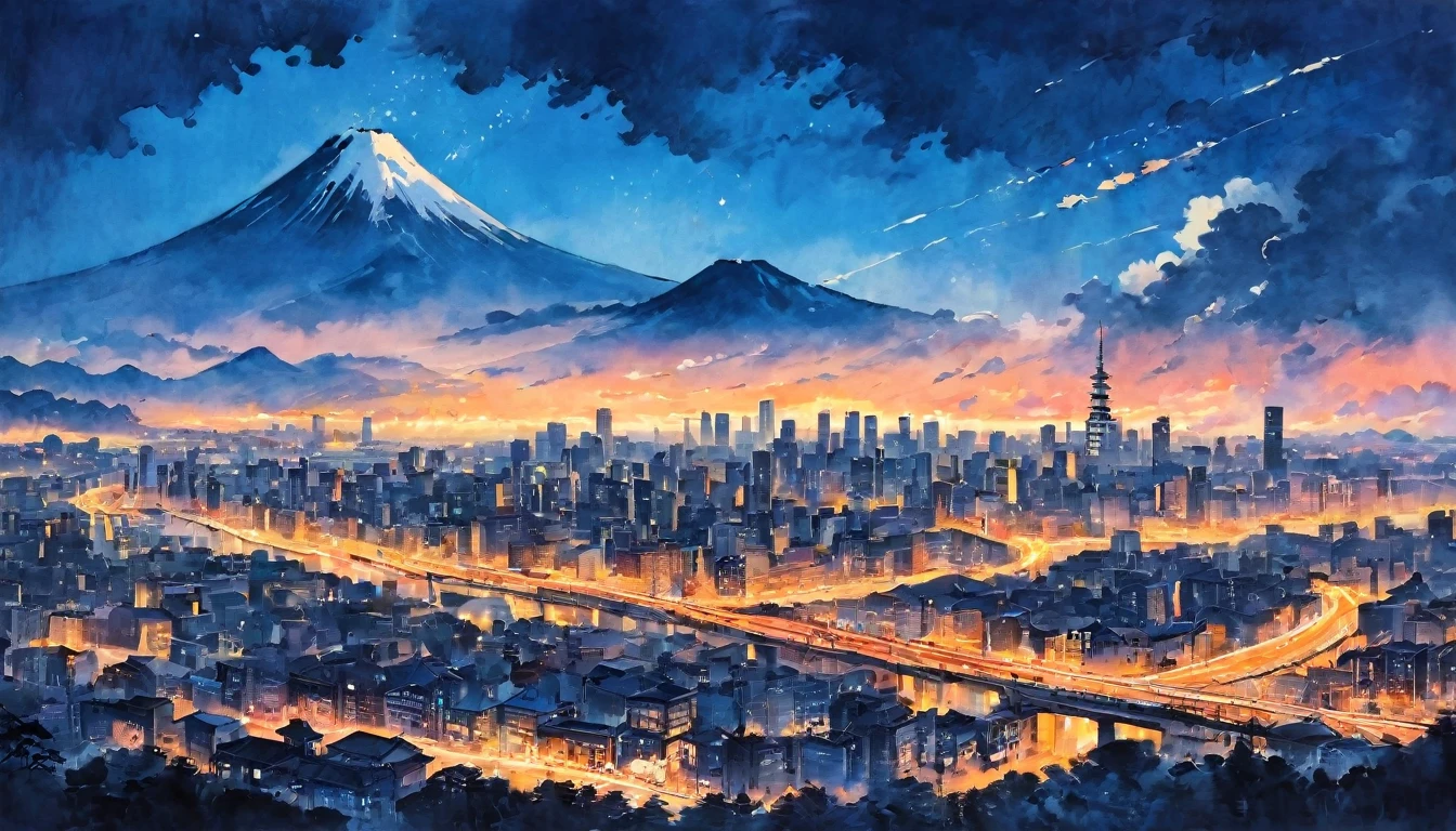 Katsushika Hokusai、vague、Mont、Ink and watercolor、Calm colors、calligraphy、Ink Painting　Ink Painting　Painted with a brush　Characters written with a brush　Metropolis，Cyberpunk、Future、mechanical、Night City、Neon Town、Passersby、Cars passing by、Skyscrapers、meteor、Beautiful atmosphere、sunny、cloud