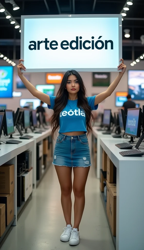 Here's the translation:
A BEAUTIFUL THAI GIRL WITH LONG HAIR, WEARING A BLUE T-SHIRT WITH THE WORD "teotla" PRINTED ON IT, WEARING A SHORT DENIM SKIRT, AND WHITE SNEAKERS ((STANDING WITH A LARGE SIGN ABOVE HER HEAD WITH THE WORD
" ARTE EDICIÓN "))) In a computer store. Tablet, (((full body)))., proportional, large .
