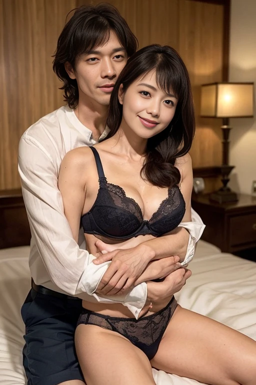 ２a person、Lying in bed、((Men and women in love２a person))、embracing each other２a person、Macho and short-haired boy、short-hair、detailed hairs、Beautiful and delicate skin、large full breasts、small_nipple、((sexy bra)、(sexy panties))、Small underwear、A slender、Deep kissing、Expression of pleasure、gasp、Expression of pleasure, inverted nipples, beautiful pussy, nsfw,