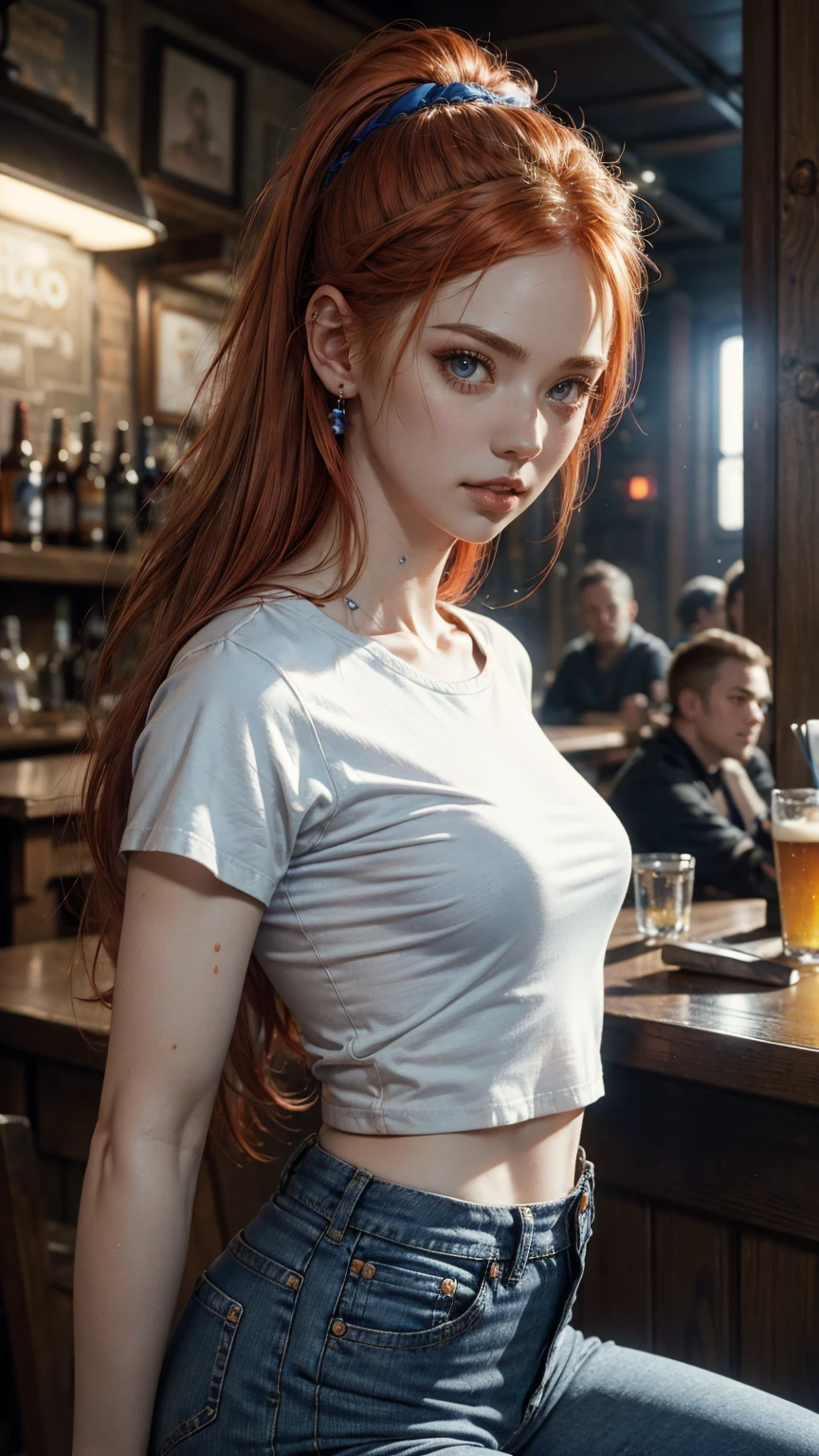 ((night, dark background)), ((A very cute woman gets naked in a nightclub)) ((at the bar)) cocktails, drunk, ((wearing a white open silk shirt: 1.5.)). 4k, photography, masterpiece, best quality, dark gray background, ((1girl blue eyes and beautiful light red hair)) (realistic and beautiful face). A beautiful white woman with medium ass, soft medium breasts and white skin, varied poses. ((Medium breasts:1.3)),((Very soft breasts)), Detailed eyes. in a bar. (touching yourself). (bare:1.4), (open button shirt), (transparent:1.2) (sfw), (), (side), front