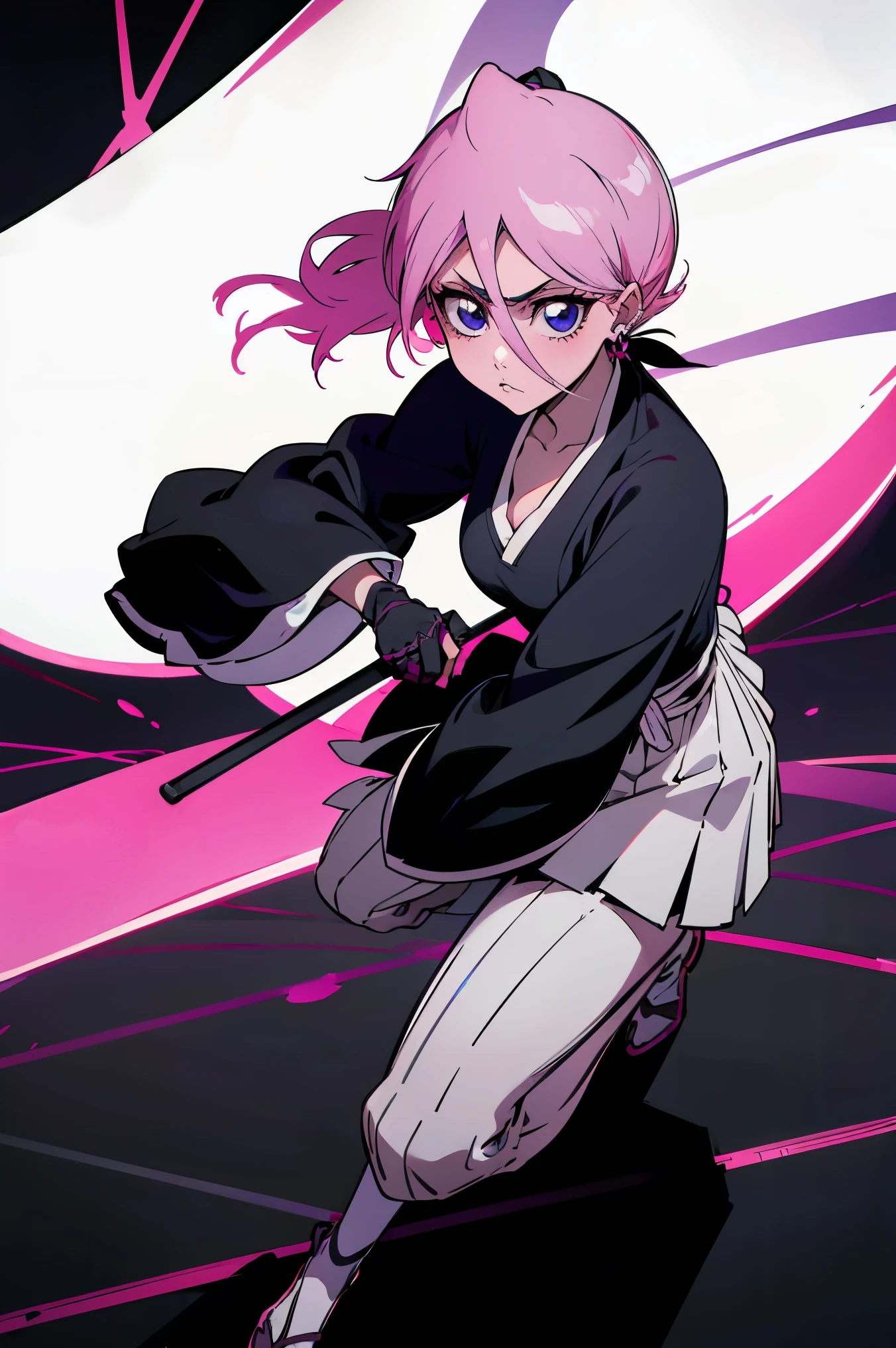 1girl, Young Adult, Short hair, Light pink hair, hair tied in a low ponytail, Blue purple eyes, pale skin color, Bleach shinigami, shinigami clothes, Detailed eyes, black earrings, black gloves. Full body