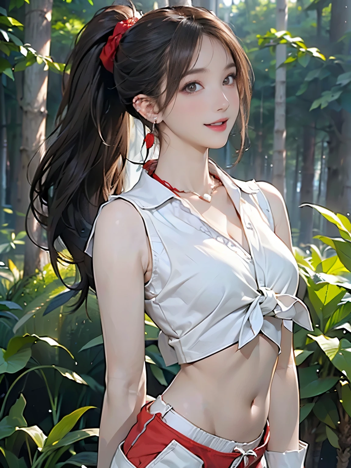 ((((highest quality))))、(((Ultra-precision CG16K wallpaper)))、(((masterpiece)))、(((Super detailed)))、(((Extreme detail)))、((1Mature 24 year old woman:1.3))、((Very beautiful Japanese faces))、((Shiraishi Mai:1.3))、((Soft wavy long ponytail hair、blunt bangs:1.5))、(Shiny brown hair)、Beautiful delicate eyes、eyeliner、eye shadow、Brown eyes、High nose、Small nostrils、Small Mouth、Seductive lips、Beautiful breasts、((C cup size breasts))、Cleavage、Voluptuous body、Perfect proportions、Perfect Anatomy、Perfect composition、Beautiful detailed shading、Beautiful, natural lighting、Beautiful detail glow、Depth of written boundary、(((High chroma)))、(((Real:1.9)))、((vivid:1.5))、((Beautiful Skin))、((Skin Texture))、((Realな皮膚感))、(((Cowboy Shot:1.6)))、((Front view、Front low angle:1.6))、((Surprised face with mouth open:1.3))、(Woman is looking forward:1.5)、Night Road、moonlight、(((Walking in the forest at night:1.6)))、(Walking pose:1.5)、(((White sleeveless collared hem-tied blouse:1.6)))、(((Red bikini hot pants:1.6)))、((Earrings、Wearing a necklace:1.3))、(((There is a man behind the woman:1.8)))、