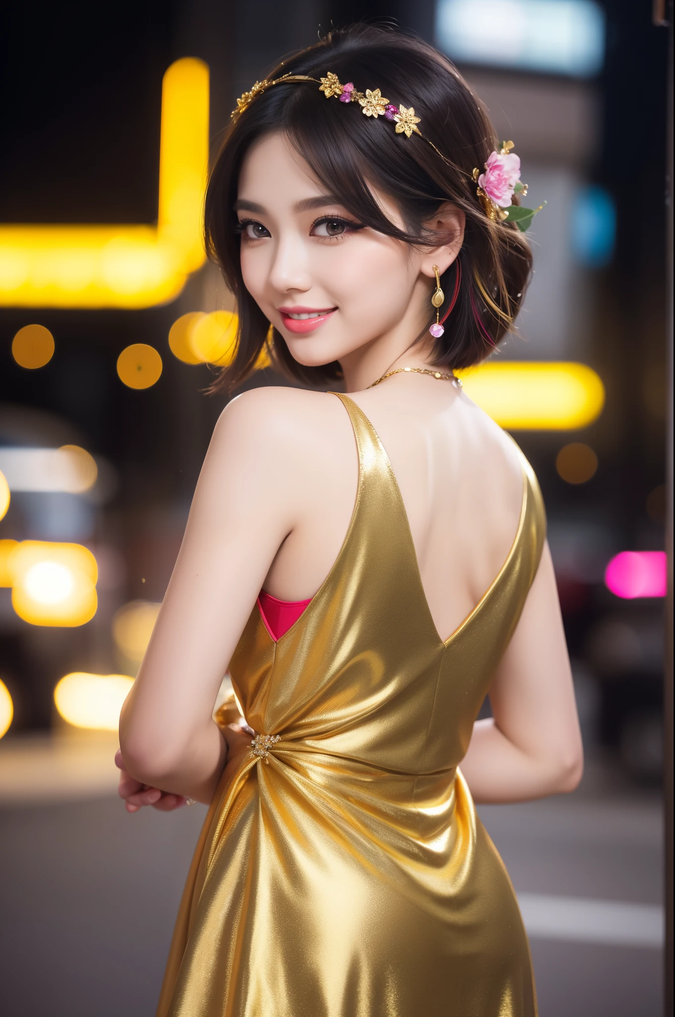 Tall cute idol knight girl、whole body、Good style、、、、、、、、、、Tanned thick legs、、Gold sequined tight costume(Rose Embroidery、)、、Neat and clean idol face、Glowing、City of night