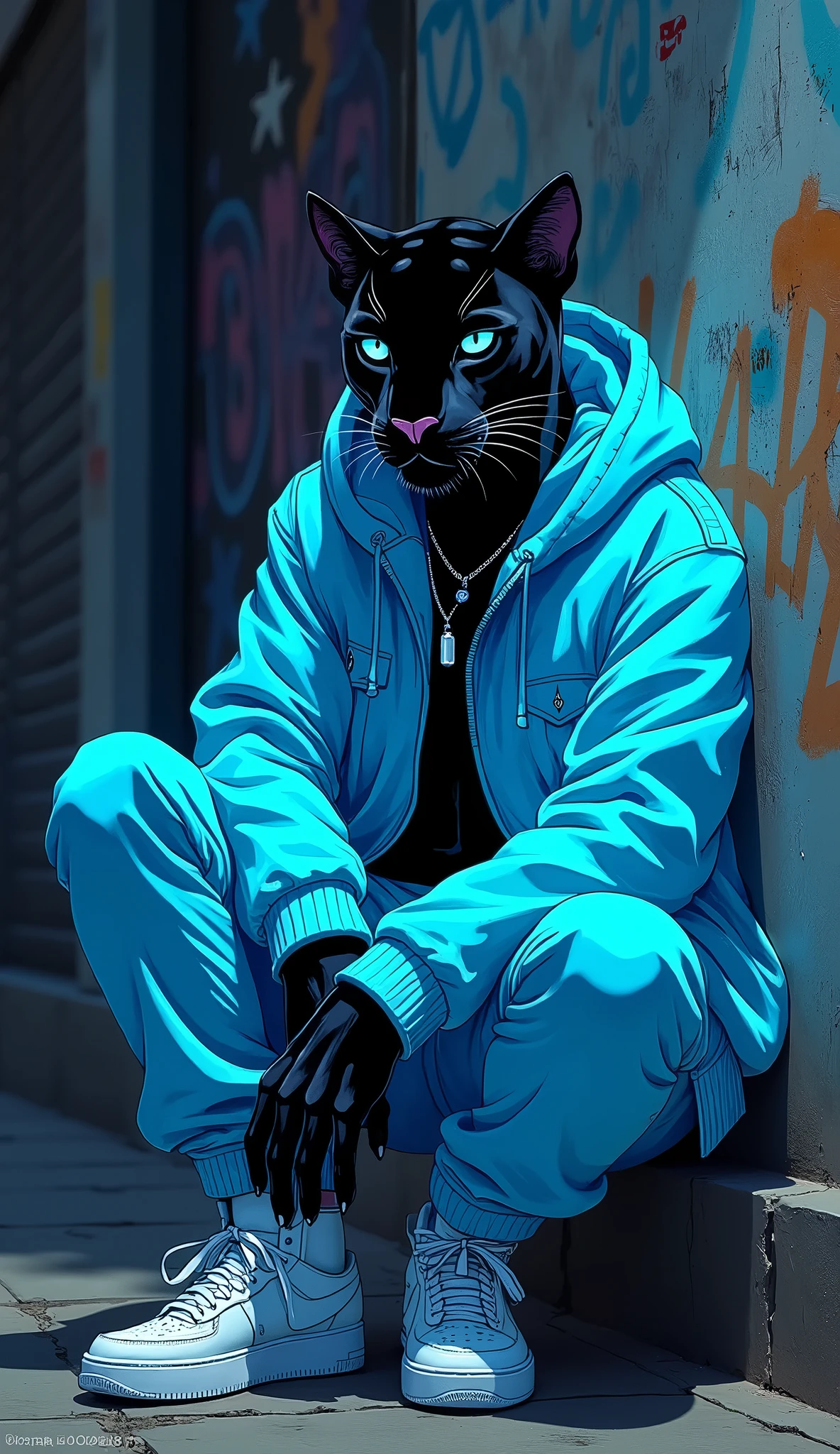 Completely black background, an anime style black panther., Dressed in light blue and cyan hip hop clothing., Sitting on a graffiti wall with his legs crossed, with beautiful cyan eyes, cyan neon lights, abstract image