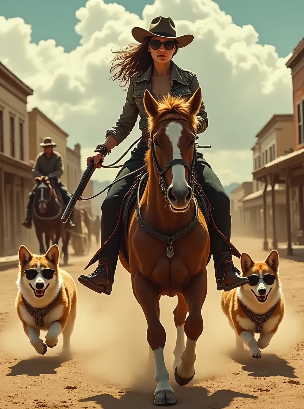 Un perro husky monta una motocicleta mecha,cara encantadora,Usando armadura de batalla,Wear tactical goggles,Machine gun artillery on motorcycles,Jump through a ruined city,La escena es grandiosa,La imagen es HD,The visual sense of the film,4k