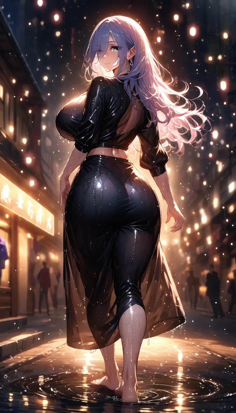 (masterpiece, best quality, ultra high res, beautiful detailed body), cute girl, night city, neon lighting, red district, full body, **li, ****, (wide hips, thick thighs:1.6), swimsuit wearing, high heels, bunny ear headwear, lens flare, light particle, sharp focus, volumetric lighting, by william-adolphe bouguereau, ((gigantic breasts)), grabbing own ass