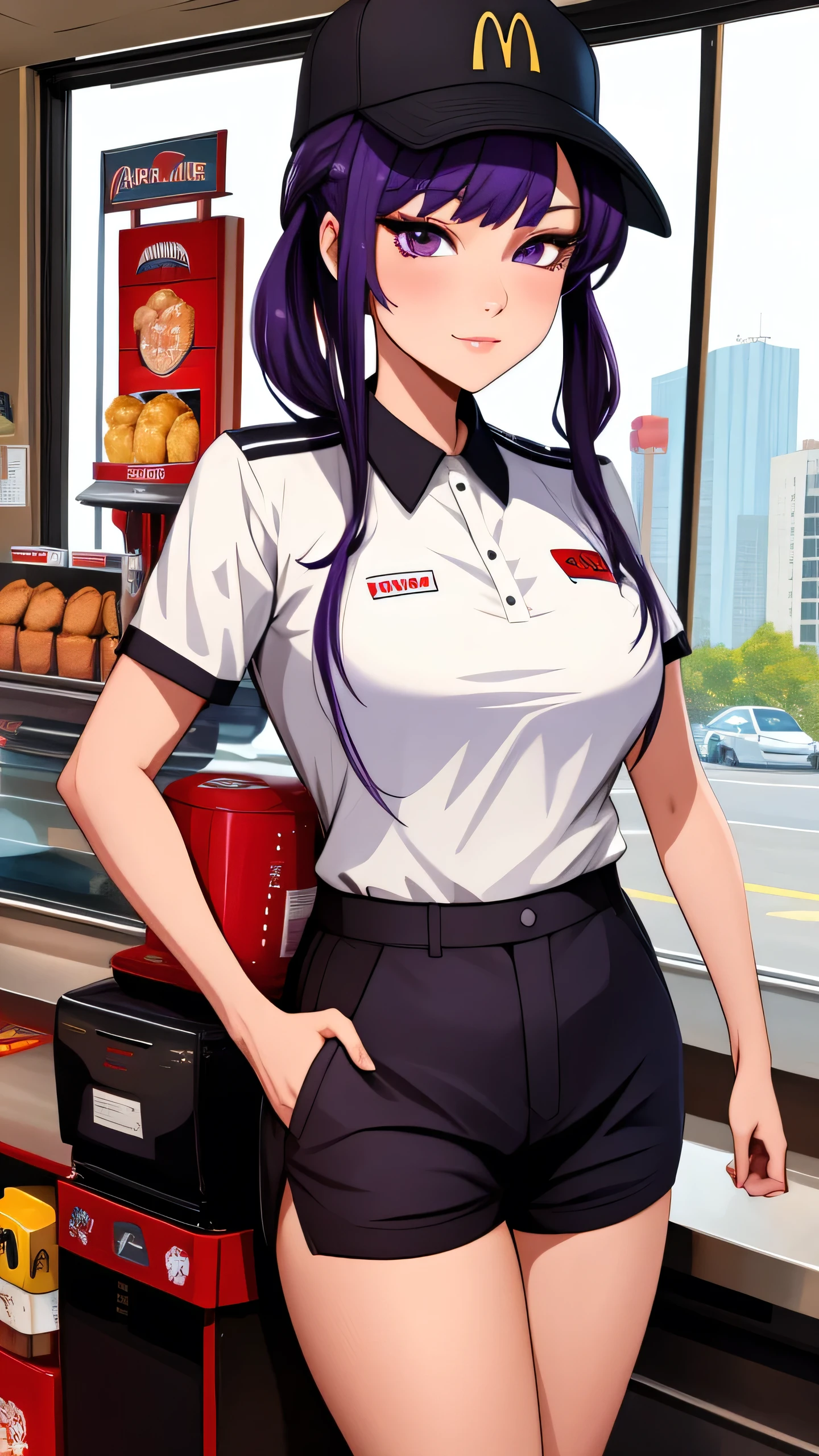 Highly detailed, High Quality, Masterpiece, beautiful, McDonaldsUniform, 1girl, Komi Shouko, solo, light smile, purple eyes, purple hair, pigtails, large breasts, shirt, black shirt, uniform, black pants, pants, cap, Inside the drive-thru window, drive-thru window,