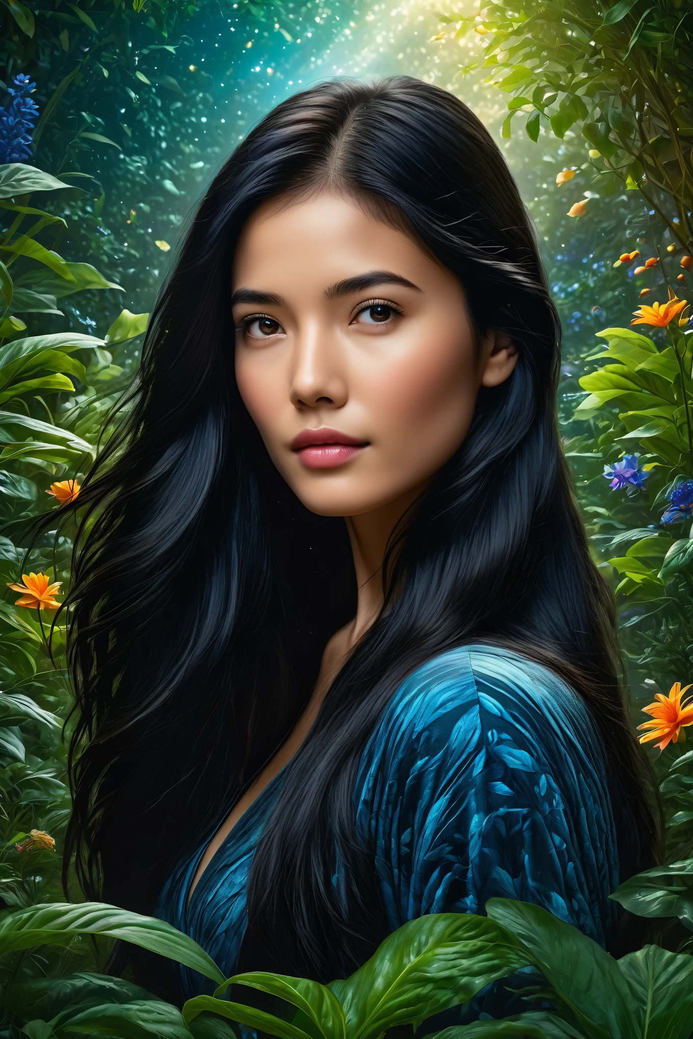 a beautiful young girl with long, flowing black hair in a lush, hyperrealistic garden, highly detailed 8K masterpiece, photorealistic, dramatic deep space colors, extreme depth of field, cinematic lighting, award-winning digital art