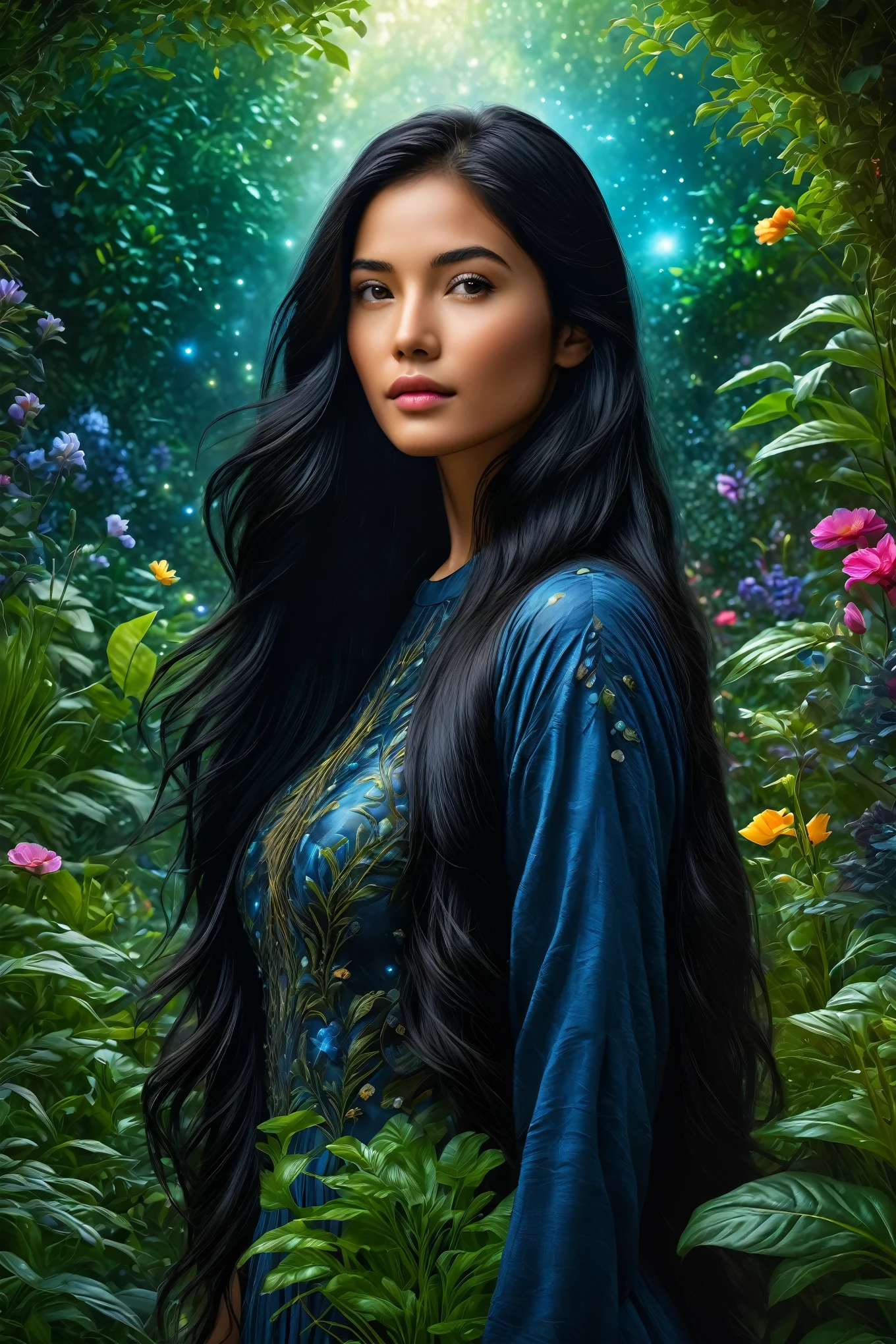 a beautiful young girl with long, flowing black hair in a lush, hyperrealistic garden, highly detailed 8K masterpiece, photorealistic, dramatic deep space colors, extreme depth of field, cinematic lighting, award-winning digital art