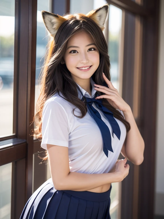 ((Highest quality, 8k)), ((masterpiece)), (Highest Resolution), Perfect Face, Fox Girl, high school girl, Beautiful woman, public, One tail, she has thick thighs, Big tail, She has a fluffy fox tail, She wags her tail, smile, Fur collar, She is wearing a short skirt, Beautiful Hips , Big Breasts, The skirt is rolled up at her tail, On all fours