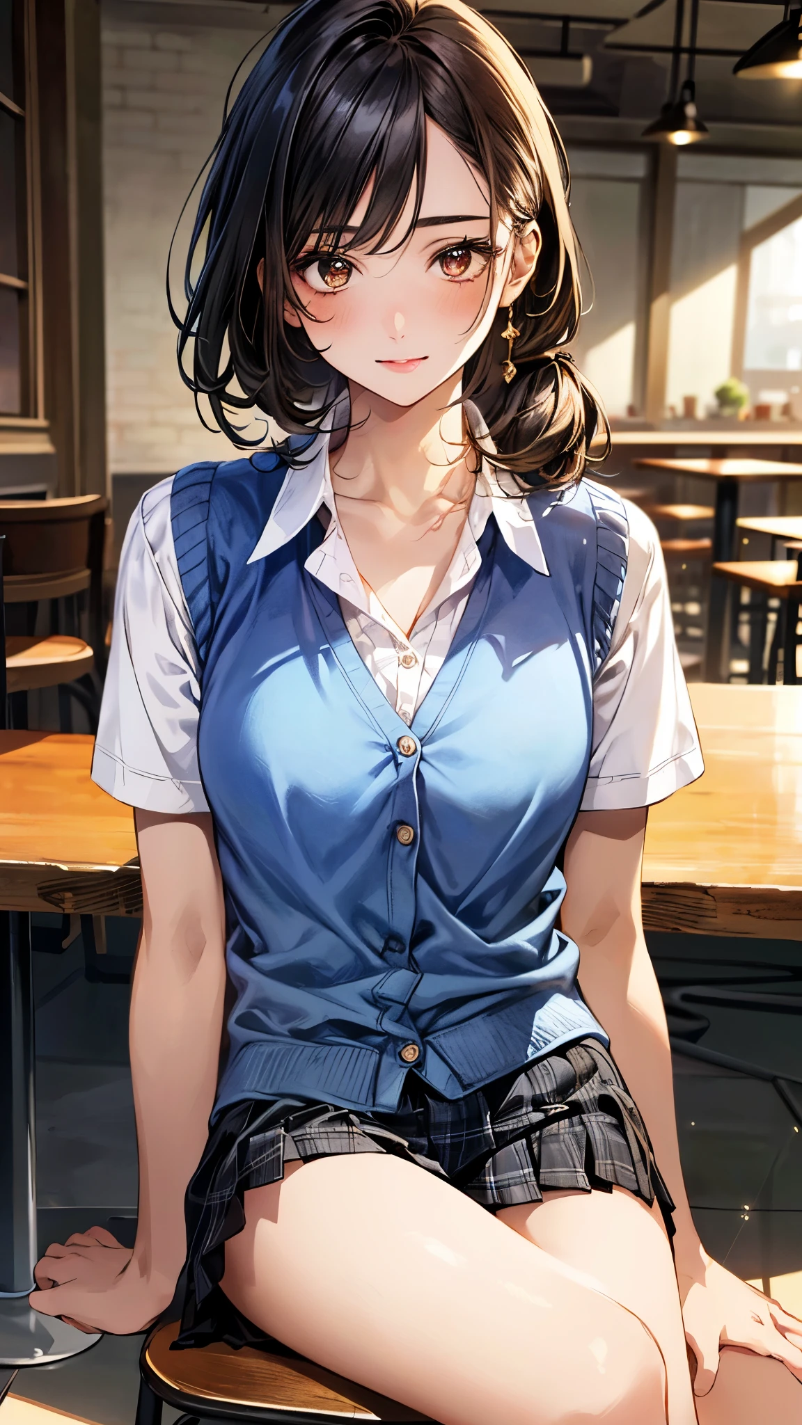 (masterpiece:1.3, Highest quality, Ultra-high resolution, Super detailed), (Realistic, photoRealistic:1.4), Beautiful illustrations, Perfect lighting, Natural light, colorful, Depth of written boundary,
Beautiful detailed hair, Beautifully detailed face, Beautiful attention to detail, Beautiful clavicle, Beautiful body, Beautiful breasts, Beautiful thighs, Beautiful feet, Beautiful fingers, Shiny skin,
View your viewers, 1 Girl, Japanese, 30 years old, (Perfect Anatomy, Anatomically correct, Highly detailed skin), Cute and symmetrical face, Baby Face, Perfect Face, Perfect Eyes, thin,
(Black Hair、ponytail:1.4), bangs, Brown eyes, Droopy eyes, Long eyelashes, (Medium chest、thin体),
(Light Blue Sweater:1.3), Strappy high heels, ((Long skirt with belt:1.5)), Wrist Chakra, necklace, Bear neck,
(Beautiful views), evening, (Cafe:1.5), Sitting in a chair, (Drinking coffee), (Cute smile, Part your lips),