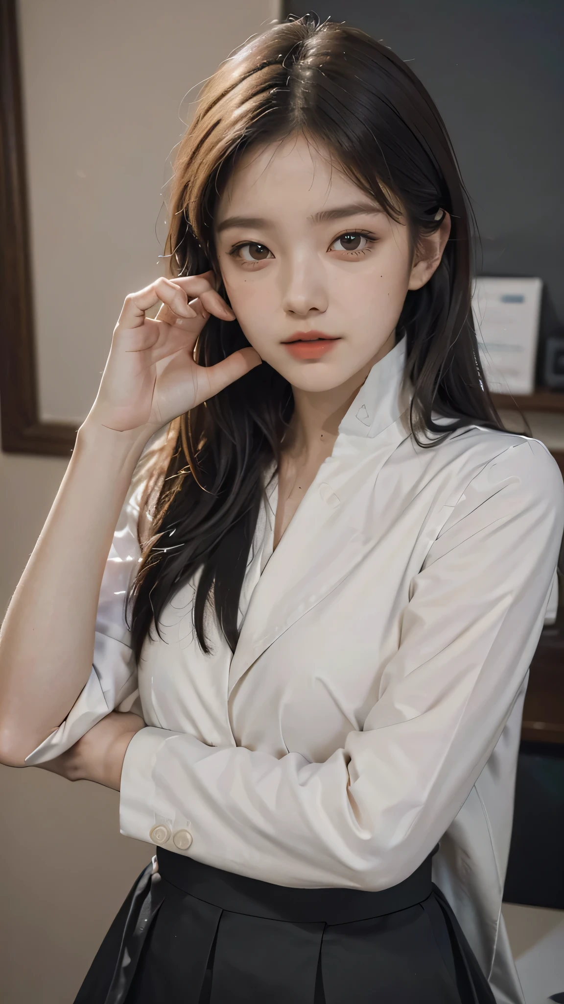 asian girl, (beautiful head, long black hair, black eyes, small mouth, (fare makeup, pink cheek, lipstick)), (thin body, average breasts) perfect body 8k in a bedroom sitting on a white white bed .in a chic black outfit