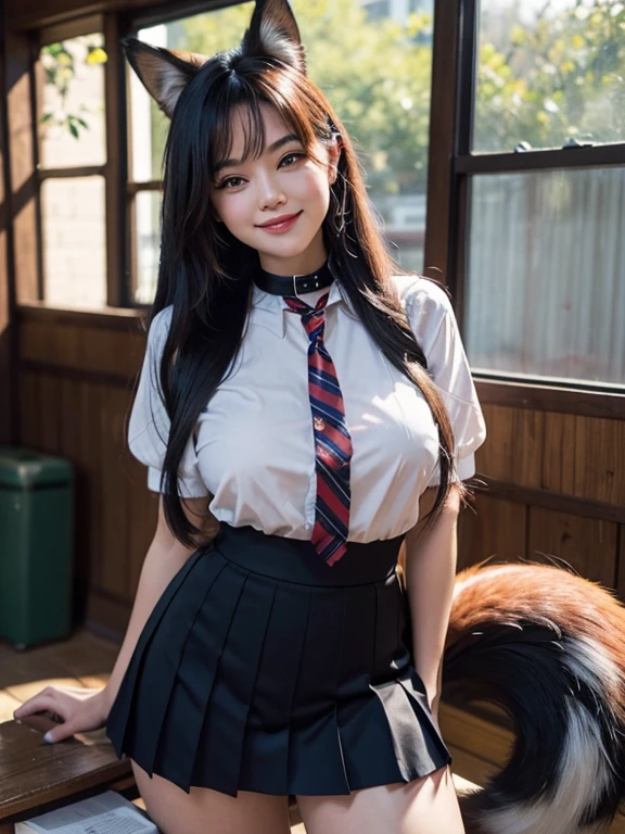 ((Highest quality, 8k)), ((masterpiece)), (Highest Resolution), Perfect Face, Raccoon-eared woman, Female college student, Beautiful woman, public, One tail, she has thick thighs, Big raccoon tail, She has a brown raccoon tail., She sticks out her tail, Embarrassed face, Fur collar, She is wearing a short skirt, Beautiful Hips , Big Breasts, The skirt is rolled up with a big tail