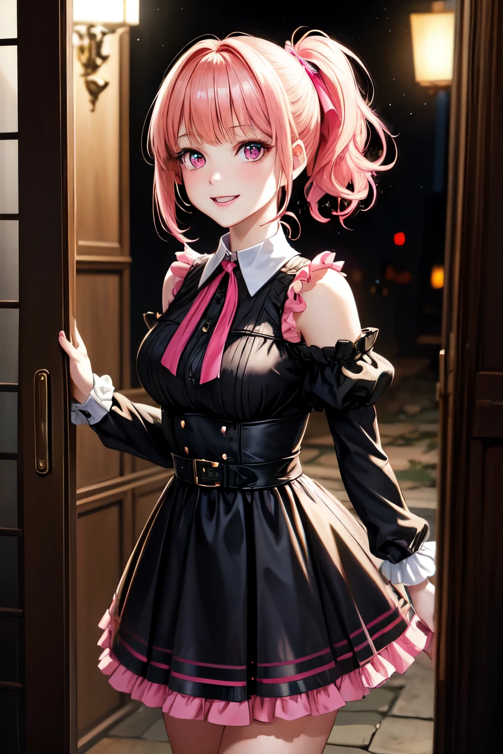 (((formal cropped jacket))), ((bustier)), ((skirt)), ((pantyhose)), ((shiny outfit)), skindentation, skinny, alone, solo, 1 woman, Masterpiece, highest quality, highest quality, 16K, incredibly absurd, highly detailed, 2.5D, ai-generated, delicate and dynamic, very delicate facial expressions, delicate eye depiction, erotic, only sexy woman, ((A cute and kind face)), healthy figure, ((25-year-old woman)), 160cm tall, ((medium firm swaying bust)), medium breasts, (short hair), (pink hair:1.5), bob cut, black eye, blush, Sweat,Embarrassed,sexy, ((thin thighs)), (camel toe:0.7), (visible nipples:0.5), (Erect nipples,:0.7), shiny and lustrous, facing straight at viewer,  smile, ((Oily_skin)), dark skin, ((standing)), ((arm at side)),