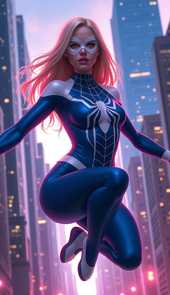 (La Best Quality,A high resolution,Ultra - detailed,actual),Spider -gwen standing in a city at night, araña-gwen, araña - gwen, (spider gwen:1.4) , (Gwen Stacy:1.4) ,,(Ruined dungeon ruins background:1.4 ), in the Artgerm Style, Artgerm Style, Artgerm Style, graphic artist artgerm, Betty Cooper, comic artgerm, in artgerm style, as seen on artgerm, Epic Fantasy Art Style HD, 4K fantasy art, epic fantasy digital art style, epic fantasy art style, Fantasy Woman, epic fantasy art portrait, Epic fantasy style, hyperrealistic fantasy art, hd fantasy art, Epic fantasy character art, epic fantasy art, in style of dark fantasy art, epic fantasy digital art, (perfect anatomy :1.4),( cinematic lighting :1.4), (uniform lasts white), More detailed 8K.unreal engine:1.4,UHD,La Best Quality:1.4, photorealistic:1.4, skin texture:1.4, Masterpiece:1.8,first work, Best Quality,object object], (detailed face features:1.3),(Beautiful blue eyes),  (cowboy pose)