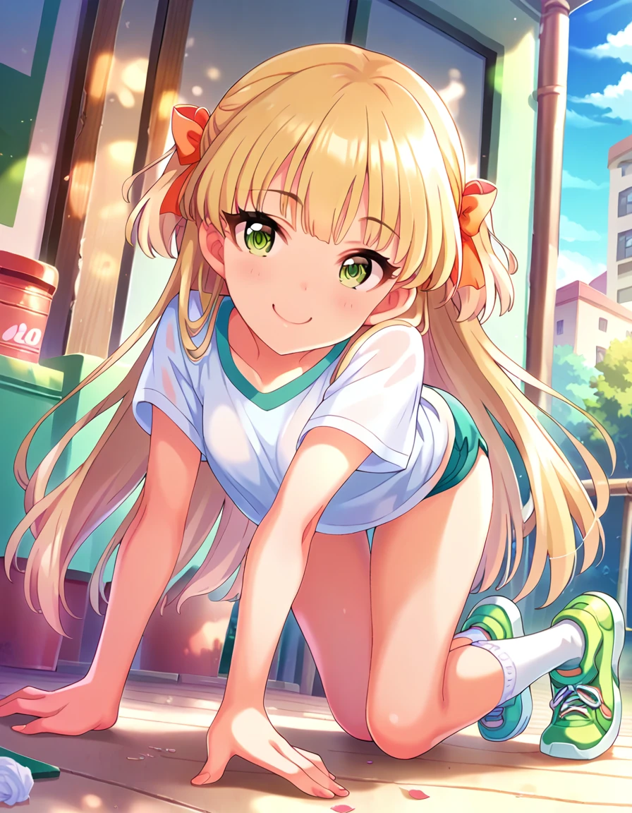 Score_9, Score_8_Excellent, Score_7_Excellent, sauce_anime,
evaluation_sensitive, Sexually suggestive, smile, Joy, 
Outdoor, Sunbeam，multiple，
 Long Hair, blonde,   hair ribbon,green eyes, Small breasts, 
Gym clothes, White gym shirt, Untucked Shirt,  Reddish brown, socks, sneakers, Thighs，Showing off her ass，(From behind,)Get on all fours，Buttocks up，
Detailed eyes, Eye Reflexes,