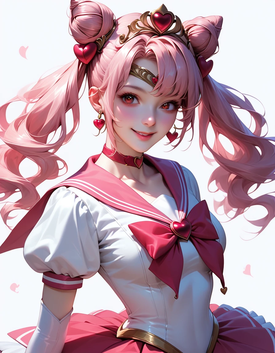 best quality, amazing quality, very aesthetic, absurdres, 1girl, chibiusa, pink hair, twintails, cone hair bun, double bun, red eyes, earrings, hair ornament, tiara, red bow, heart brooch, choker, white elbow gloves, magical girl, multicolored clothes, multicolored pleated skirt, pink sailor collar, sailor senshi uniform, hands behind back, smile, upper body, looking at viewer, solo, simple background, white background 