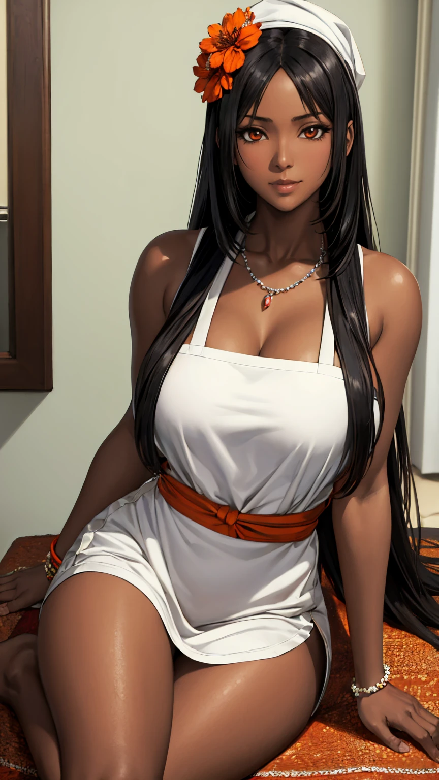 (masterpiece), best quality, expressive eyes, perfect face, black ebony skin, half naked, large open neckline, white apron, sleeveless,  perfect shaped body,long hair, black hair, orange eyes, large breast, black skin, ultra realistic detailed orange eyes, long and open hair, looking at camera, innocent eyes, innocent face, very cute anime girl face, black skin anime girl, cute smile on her face, flower necklace on her head, wearing flower bracelets on her hand,thigh legs