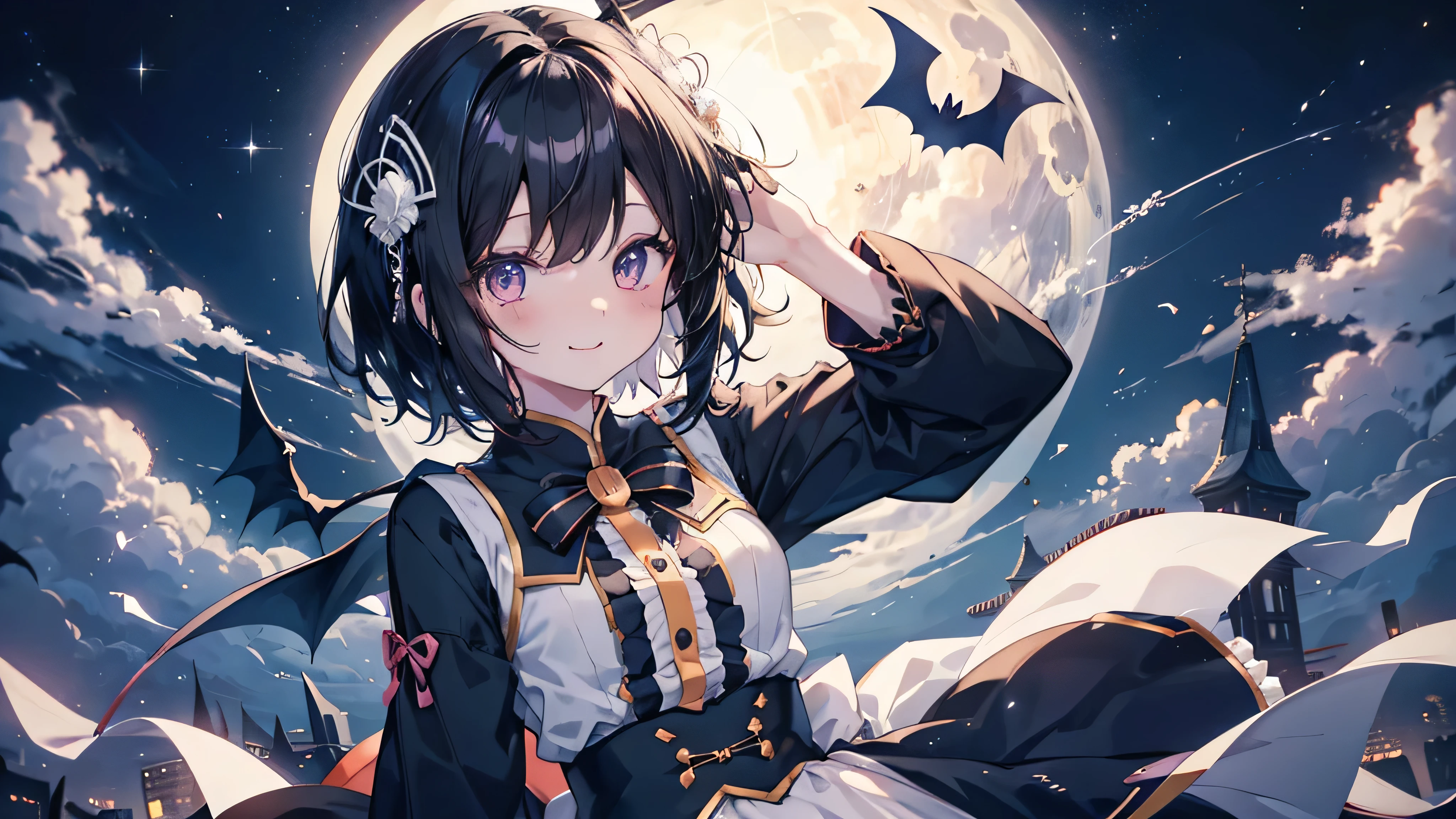 Cute anime black hair girl wearing halloween costume、White skin、dynamic、Alone、night,The best smile,Laughter decorates the night sky. Feel the magic that only exists now.