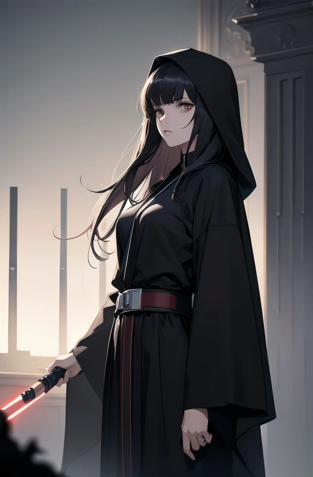 Shadow Face、Star Wars, jedi, black jedi robe、Black Robe, black belt,Star Wars concept art, Star Wars、jedi、Lightsabers、Black Robe、jediの服、Black hoodを被る、Star Wars、beautiful girl、cute、Droopy eyes、Random hair color、Beautiful Long Hair、Straight hair、bangsBangs、bangs、hime cut、Big Breasts、Slender body、slim、(Best Quality,4K,High resolution,masterpiece 1.2),Very detailed,Real 1.37,Spooky Background,Dark fantasy,Black Theme,Ominous atmosphere,Eye-catching,Anime Style,Concept Art,beautiful, Gentle features, pale Skin, night、Dim lighting、Dark Background, Cinema Lighting, Dramatic Shadows, Spooky atmosphere, Dark words, 1 person&#39;S, Red cheeks, ,(Lightsabers1.3),Ruins,(Wasteland 1.3),((Random hair color)), Female Curves, Sexy flat stomach, Perfect hands, Extend one hand、Perfect anime character face, (Black hood)), standing, ((Black Robe), ,(Star Wars 1.3), In the forestで, Moonlight Illumination, Night lighting, jungle、Space Fantasy,SF, Skeleton Gas Light,Absurd, High resolution、 ((Star Wars)), ((Best Quality)), (Very detailedな), ((Very detailed)), (beautiful), ((cute)), 1 person,(1.6)、beautiful face、Full Body Ezbian、pale, Beautiful skin、Big Breasts、Beautiful body、Slender body、beautiful feet、Smiling Kindly、Dark Building Ruins、(Ruins 1.3)、Low angle full body shot、(Random Background 1.3)、(Random Lightsabers Color 1.3)、Spirits、Droopy eyes、bangs, Long Hair, Star Wars、jedi、Blue Lightsabers、Ready your Lightsabers、Star Wars Background、Ruins、In the forest