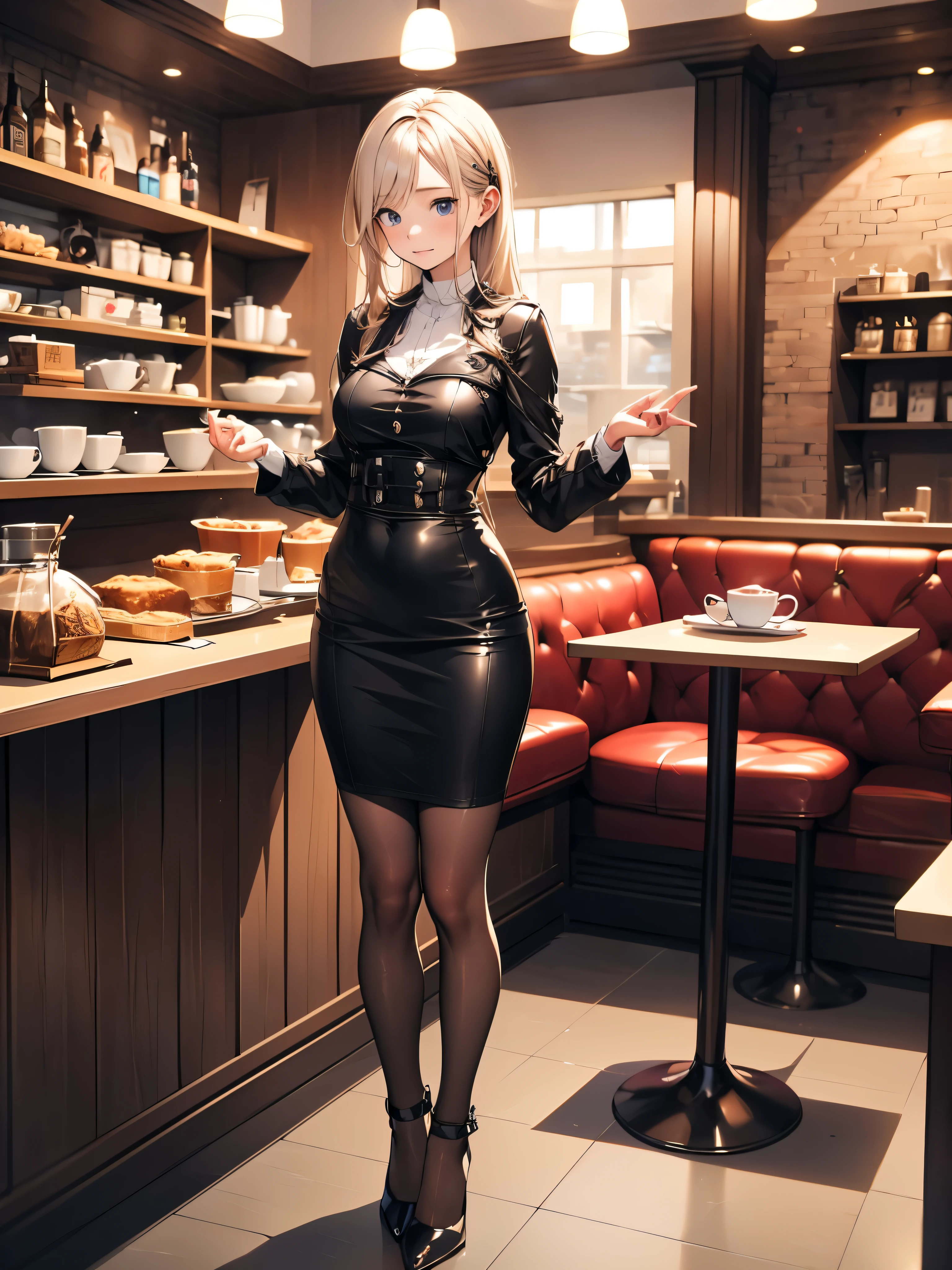 Woman in black suit、Black Slim Skirt、Blonde Shorthair、Black pantyhose、emerald eyes、、bluntness、red blush、Beautiful fingertips、terrace seats in coffee shop、,pussy juice,taken from the under、pussy juice