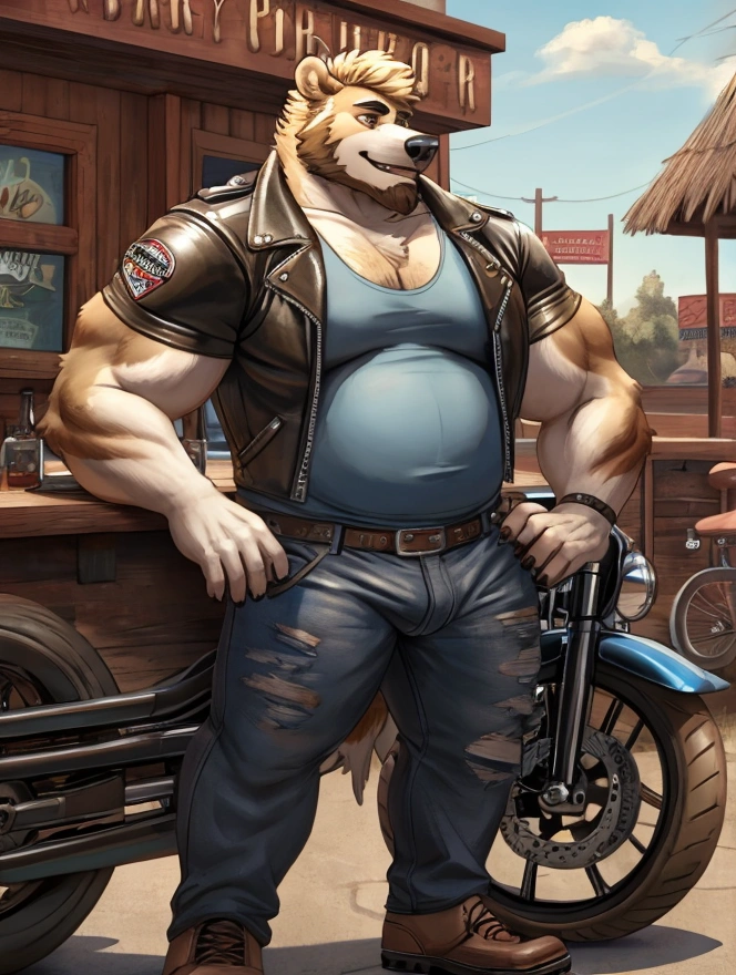 Anthro Grizzly bear male, Biker leathers, Blue Motorcycle, BEarded, Brown and blond Fur, Harley Davidson, Country bar, Outside