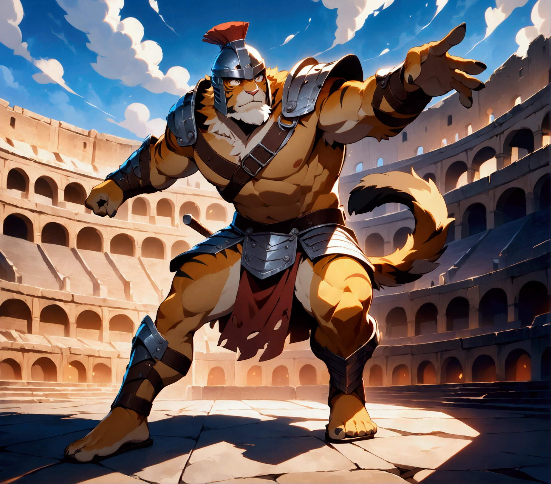 gladiator, a plump middle-aged tiger man, full body in Michelangelo Buonarroti style, digital illustration anime, character focus, full body, looking away, dynamic angle, BREAK gladiator armor, helmet, sandals, fighting, dynamic pose, detailed painting landscape, morning, colosseum, outdoor, BREAK complete anatomy, perfect proportions, beautiful thigh gap, fluffy body, intricate fur details, beautiful fur texture, BREAK detailed tiger 1tail, detailed toe, 5toes, 5toes nails, beautiful foot, detailed hands, 5fingers, 5fingers nails, BREAK aesthetic anime face, insanity detailed face, male face, big face, square jawline, aesthetic anime eyes, detailed brown eyes, detailed brown cornea, detailed dark brown irises, detailed pupils, male eyes, big eyes, male eyebrows, innocent look, beautiful beard, BREAK masterpiece, official art, best quality, very aesthetic, absurdres, super fine illustration, great quality, BREAK noise reduction, very highres, large filesize, high quality, 32K, 8k wallpaper, dynamic lighting, BREAK insanity detailed, ultra detailed, intricate details, extremely detailed, detailed texture, an extremely delicate and beautiful, full color, HDR, BREAK e621 uncut tag, Fur Affinity illustration, osukemo, kemohomo, anthropomorphic, furry, cartoon, harmonious, pastoral, virtuous, epic atmosphere 