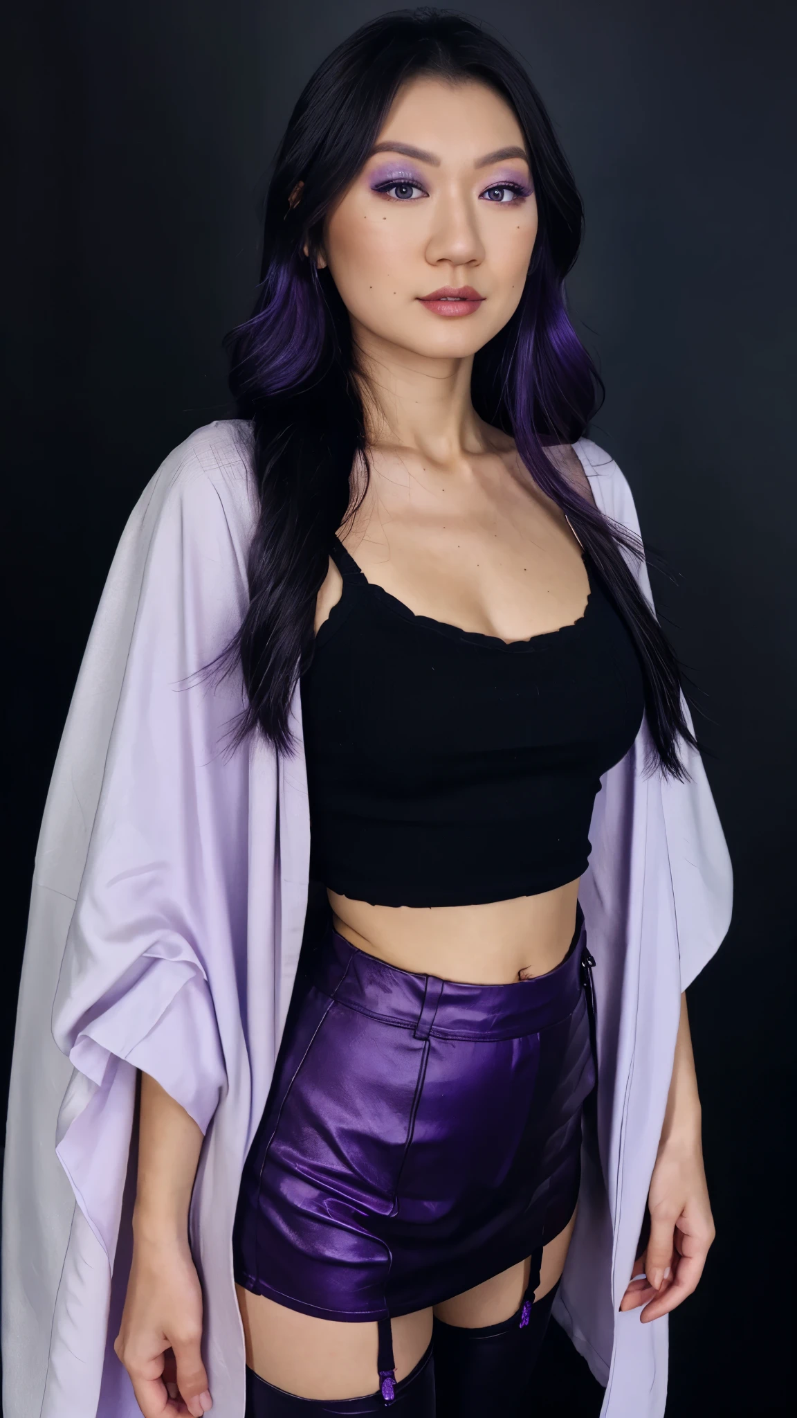 masterpiece, best quality,solo,girl,raiden shogun,closeup cleavage,photorealestic,realisticlying,skin textures,with black background,skinny pants,big breasts, beautiful,upperbody closeup, purple eyes, japanese clothes, purple hair, long hair,purple kimono, thighhighs, kimono, weapon, braid,