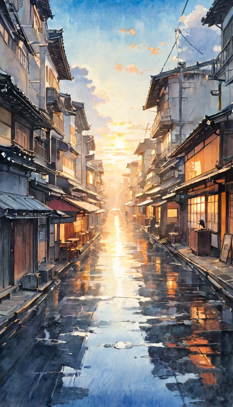 Katsushika Hokusai、vague、Mont、Ink and watercolor、Calm colors、calligraphy、Ink Painting　Ink Painting　Painted with a brush　Characters written with a brush　Metropolis，Cyberpunk、Future、mechanical、Midday City、Passersby、Cars passing by、Skyscrapers、Beautiful atmosphere、sunny、cloud