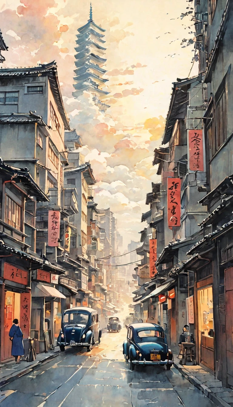 Katsushika Hokusai、vague、Mont、Ink and watercolor、Calm colors、calligraphy、Ink Painting　Ink Painting　Painted with a brush　Characters written with a brush　Metropolis，Cyberpunk、Future、mechanical、Midday City、Passersby、Cars passing by、Skyscrapers、Beautiful atmosphere、sunny、cloud