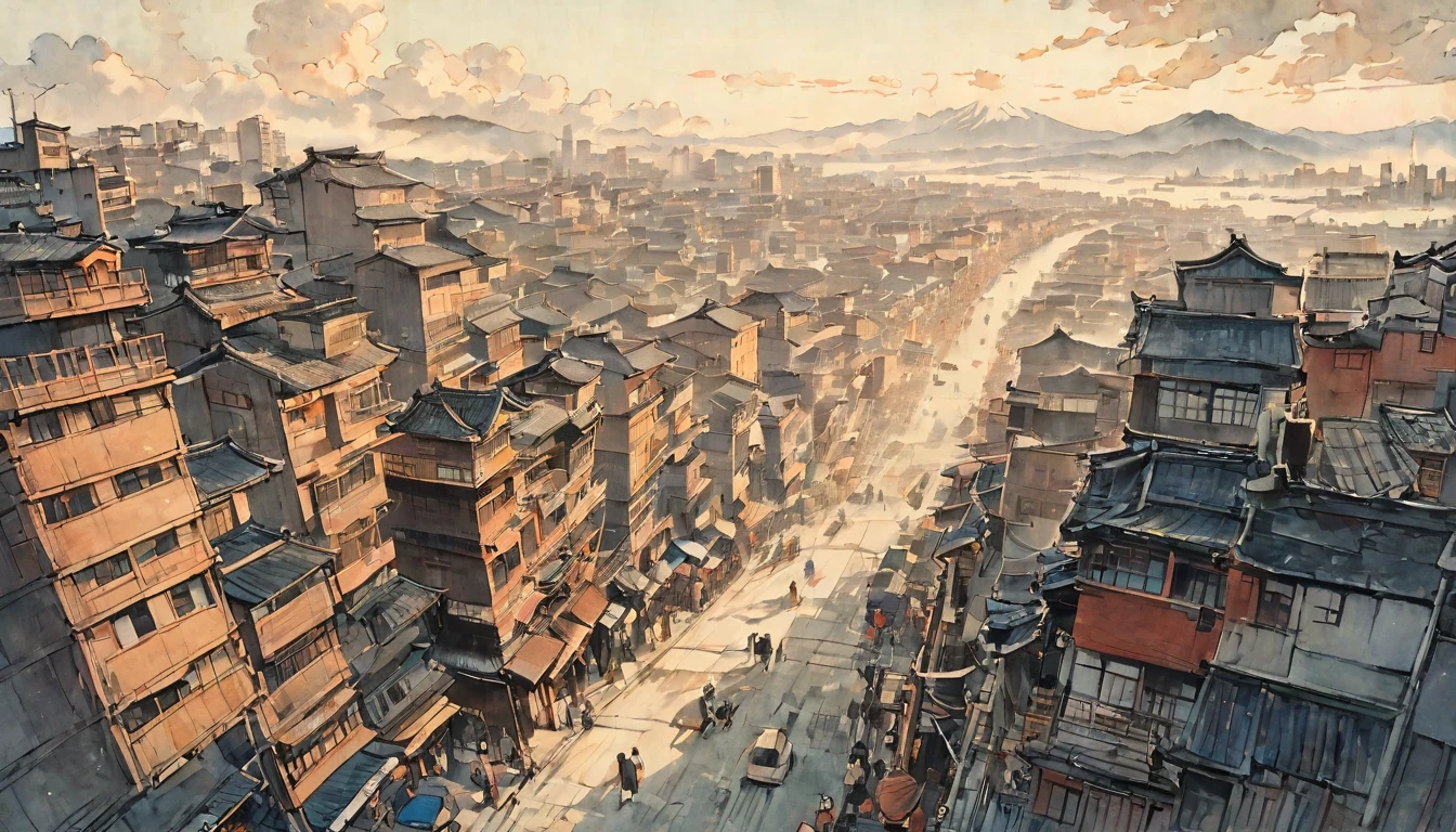 Katsushika Hokusai、vague、Mont、Ink and watercolor、Calm colors、calligraphy、Ink Painting　Ink Painting　Painted with a brush　Characters written with a brush　Metropolis，Cyberpunk、Future、mechanical、Midday City、Passersby、Cars passing by、Skyscrapers、Beautiful atmosphere、sunny、cloud