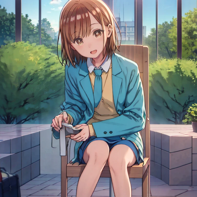 Full Body Shot,(masterpiece:1.2), Best Quality,((((High resolution)))), Unity 8K Wallpapers, (shape:0.8), ((((Highly detailed face)))), perfect lighting, (((Extremely detailed CG))), One Girl, bangs, Blue Skirt, Brown eyes, Brown Hair, Mobile phone coat, holding, Have a mobile phone, food, food down, food jacket, Gazing at the audience, short hair, Sitting, smile, Alone, tileフロア, tile壁, tile,((garden)),(((blue sky))),(((Sit on a chair))),((Open your mouth))