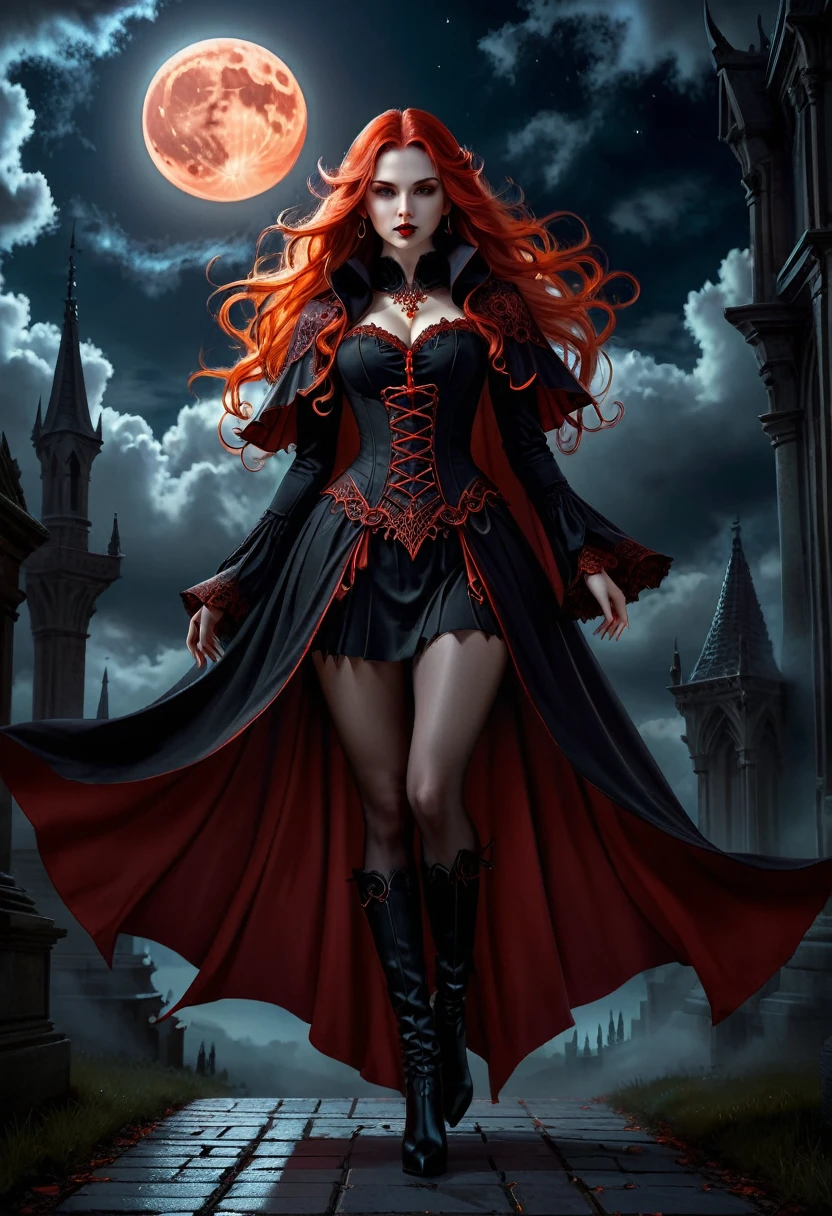 a female vampire (dancing: 1.3) in the rain during lightning storm, goth art, dark fantasy art, glamours (vampire: 1.5) model shot, RAW, award winning picture of a female vampire, dynamic hair color, dynamic hair style, pale skin, full body, busty woman, (most beautiful face: 1.3), (ultra detailed face: 1.2), long hair, wavy hair, pale skin, wearing lace dress, wet dress, dynamic color, dynamic style dress, (intense detailed dress: 1.3), wearing intricate high heels, light make up, modern day high society street in a (lightning: 1.3) storm heavy rain, sense of glorified sensation in the storm, (anatomically correct: 1.4), picture taken from dynamic range, vibrant, Ultra-high resolution, High Contrast, (masterpiece:1.5), highest quality, Best aesthetics), best details, best quality, highres, ultra wide angle, 16k, [ultra detailed], masterpiece, best quality, (extremely detailed), Dark Art Painting Style