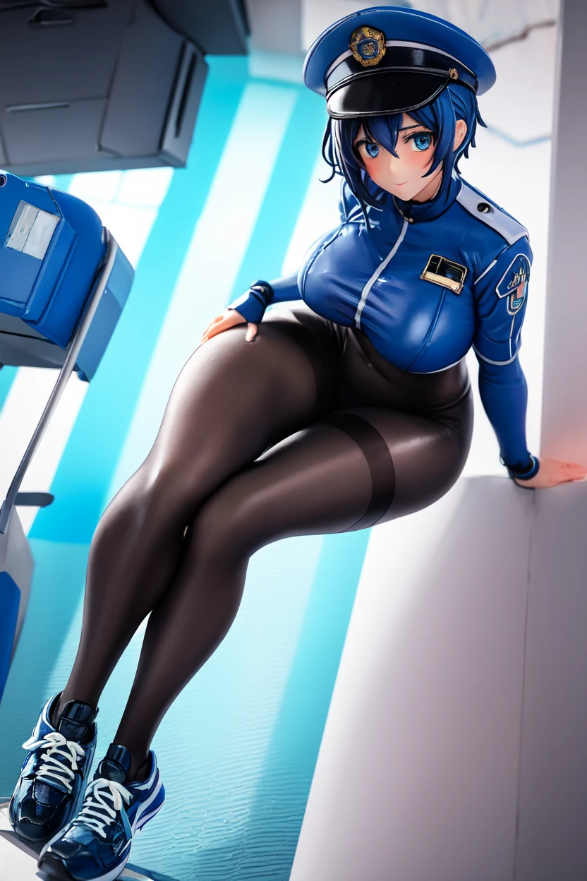 One Girl, alone, amateur_chika, short hair, Black Hair, Blunt bangs, Bobcut, Ahoge, Purple eyes, Long sleeve, Blue jacket, uniform, Black Shirt, turtleneck, Symbolism, Short black shorts, Black boots, carry a long rifle, Cowboy Shot、Thighs、Black thigh-high boots、（（（Black high heels）））whole body, face, high quality, masterpiece, 超High resolution, high quality, Attention to detail, 最high quality, High resolution、(Expressionless:1.3), Wide Hips, Thighsが太い, (Thighsの隙間:1.2), （Big Breasts:1.4),a room、（Wearing a collar）、（Being connected by a lead、）（squat:1.4)