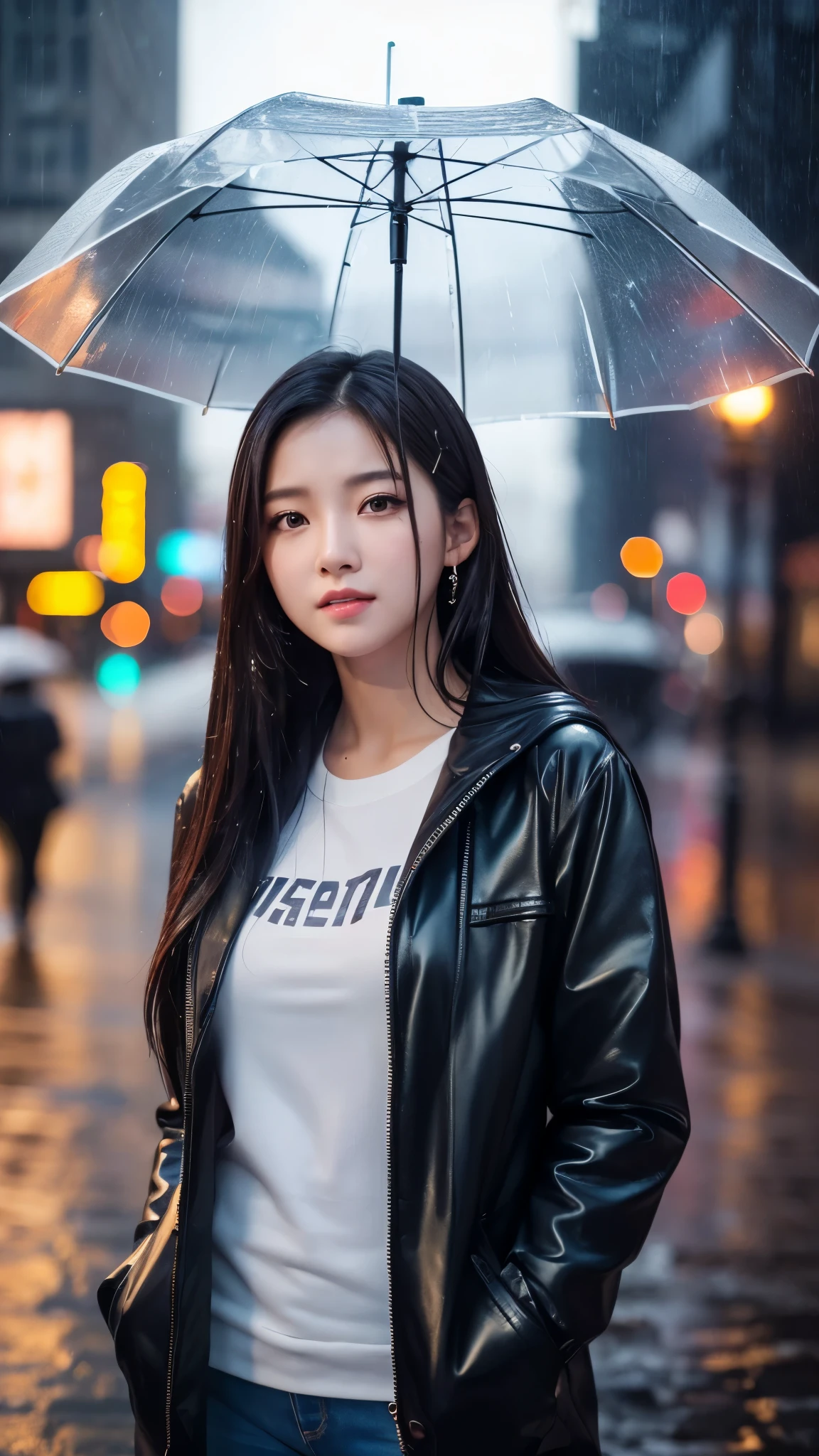 (8k, RAW Photos, Highest quality, masterpiece:1.2), (Realistic, photo-Realistic:1.37), Omertoza, One girl, (K-Pop Idols), (aegyo sal:1), cute, Cityscape, rain, Wet, Professional Lighting, Photon Mapping, Radio City, Physically Based Rendering,,