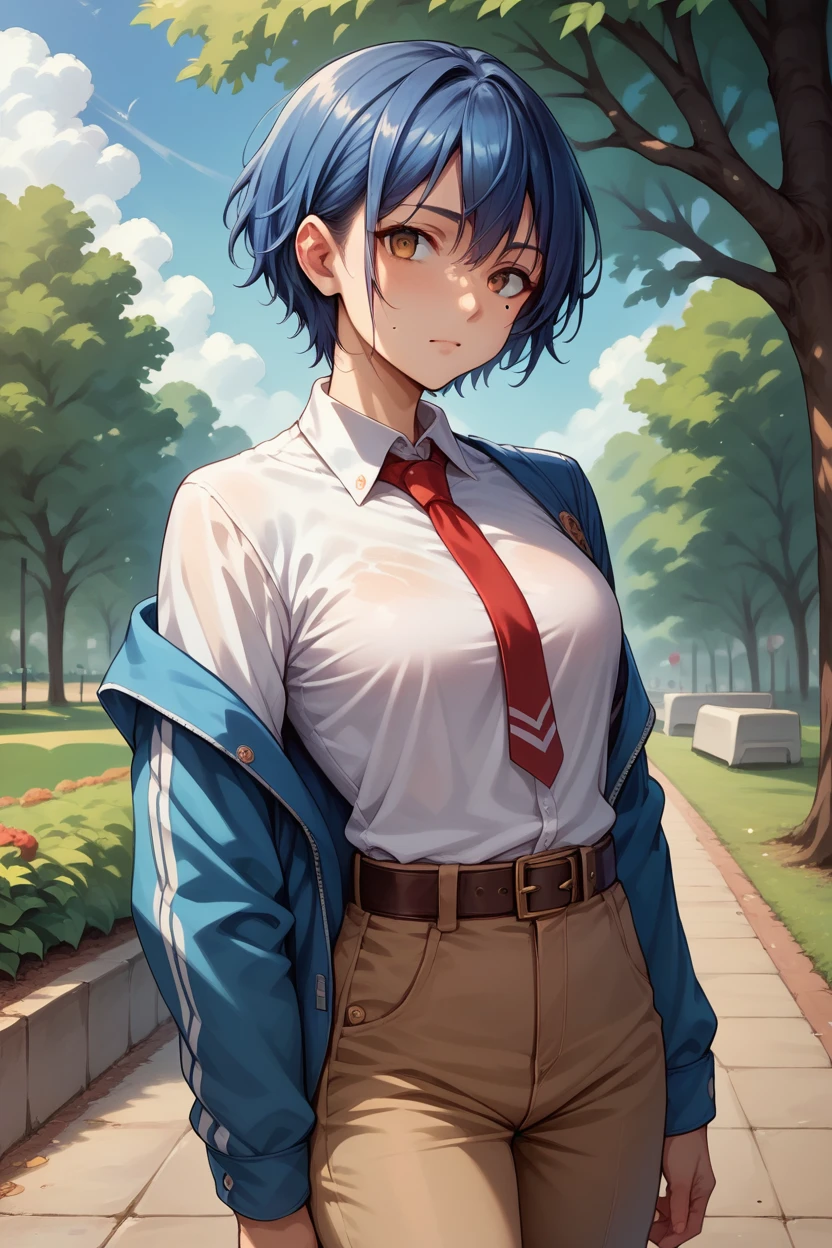 Score_9, Score_8_up, Score_7_up, Score_6_up, sauce_anime, One girl, Solo BREAK Tsugumi Shizuo, Mole under the eye, Blue Hair, short hair, Hair Ribbon, Blue jacket, White Shirt, Collared shirt, Red Tie, belt, Brown pants, Wavy口, Wavy, Park, blue sky, tree, I&#39;m watching you, Huge saggy boobs, Huge areola, 