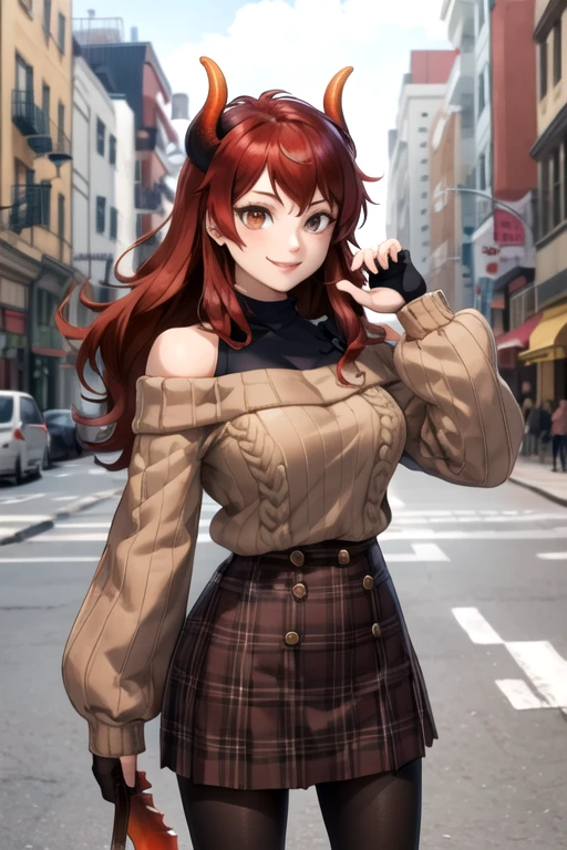 masterpiece, Best Quality, High resolution, bbdola, Dragon Girl, Long Hair, Dragon Horn, Dragon Tail, Off-the-shoulder sweater, brown sweater, Long sleeve, Sleeves are longer than the wrist, Black gloves, Checkered skirt, Brown Skirt, Black pantyhose, street, smile, standing, Cowboy Shot,