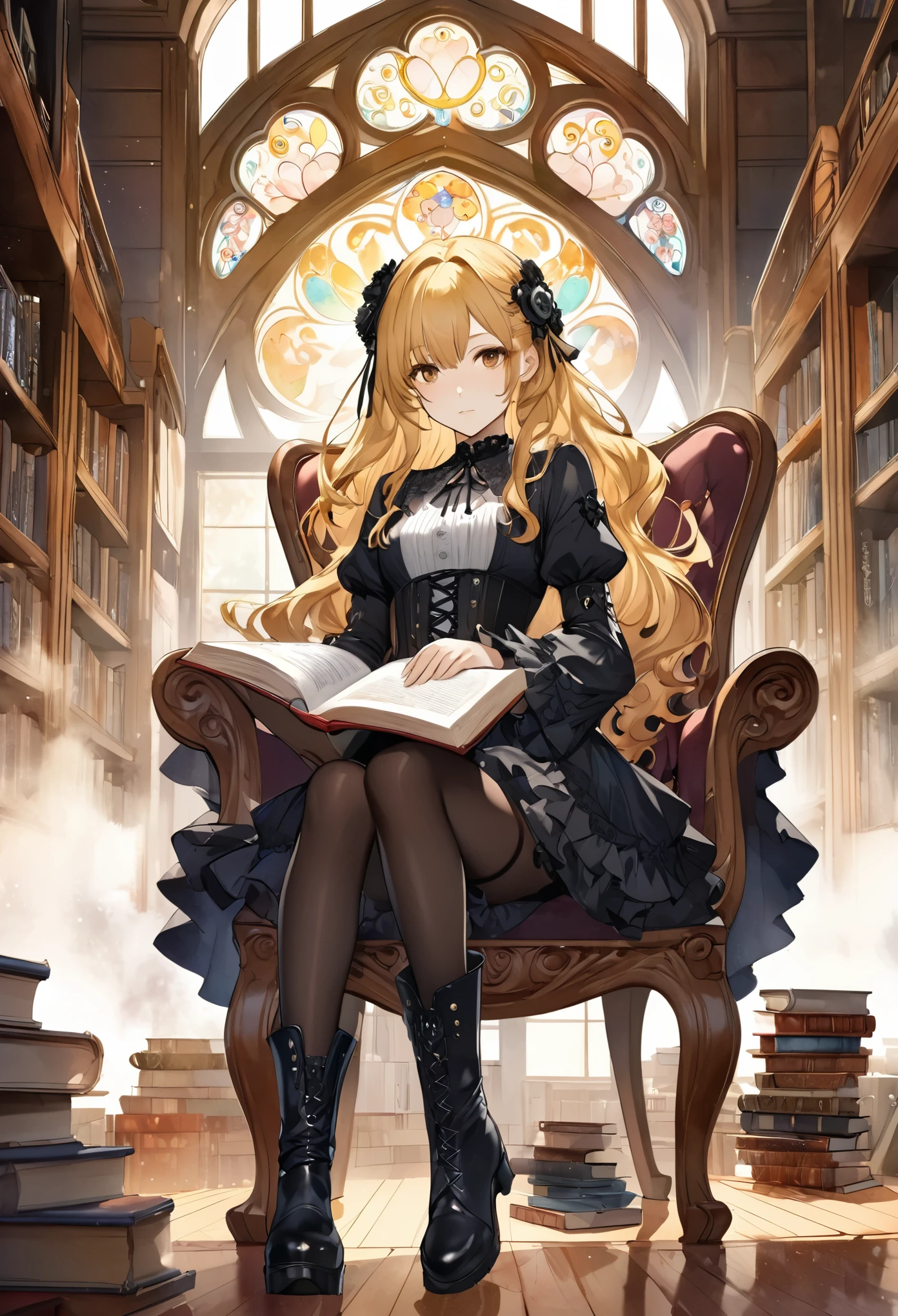 A woman sitting on a chair in a library reading a book - SeaArt AI