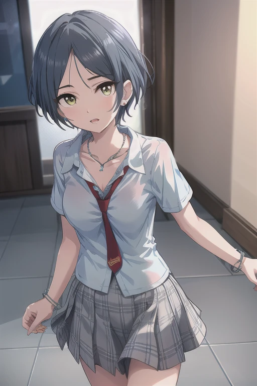 (High resolution:1.2), Absurd, (Please redeem:1.2), Best Quality, break 
(Detailed face,1.2), Perfect Face, (Detailed eyes:1.2), Glowing Eyes, break 
best shadow, moving lighting, Smooth Skin, Shiny skin, break 
1girl, Alone, slender, break 
hayami kanade, Cinderella Girls, break 
half undress, View your viewers, Open lips, break 
short hair, Blue Hair, Parted bangs, Yellow Eyes, break 
earrings, necklace, bracelet, break 
large breasts, Round Breasts, clavicle, Clevis, break 
school uniform, (Light blue shirt:1.2), Short sleeve, Red Tie, break 
miniskirt, Pleated Skirt, Checkered skirt, Grey Skirt, break 
hand in own hair, break 
in room, break