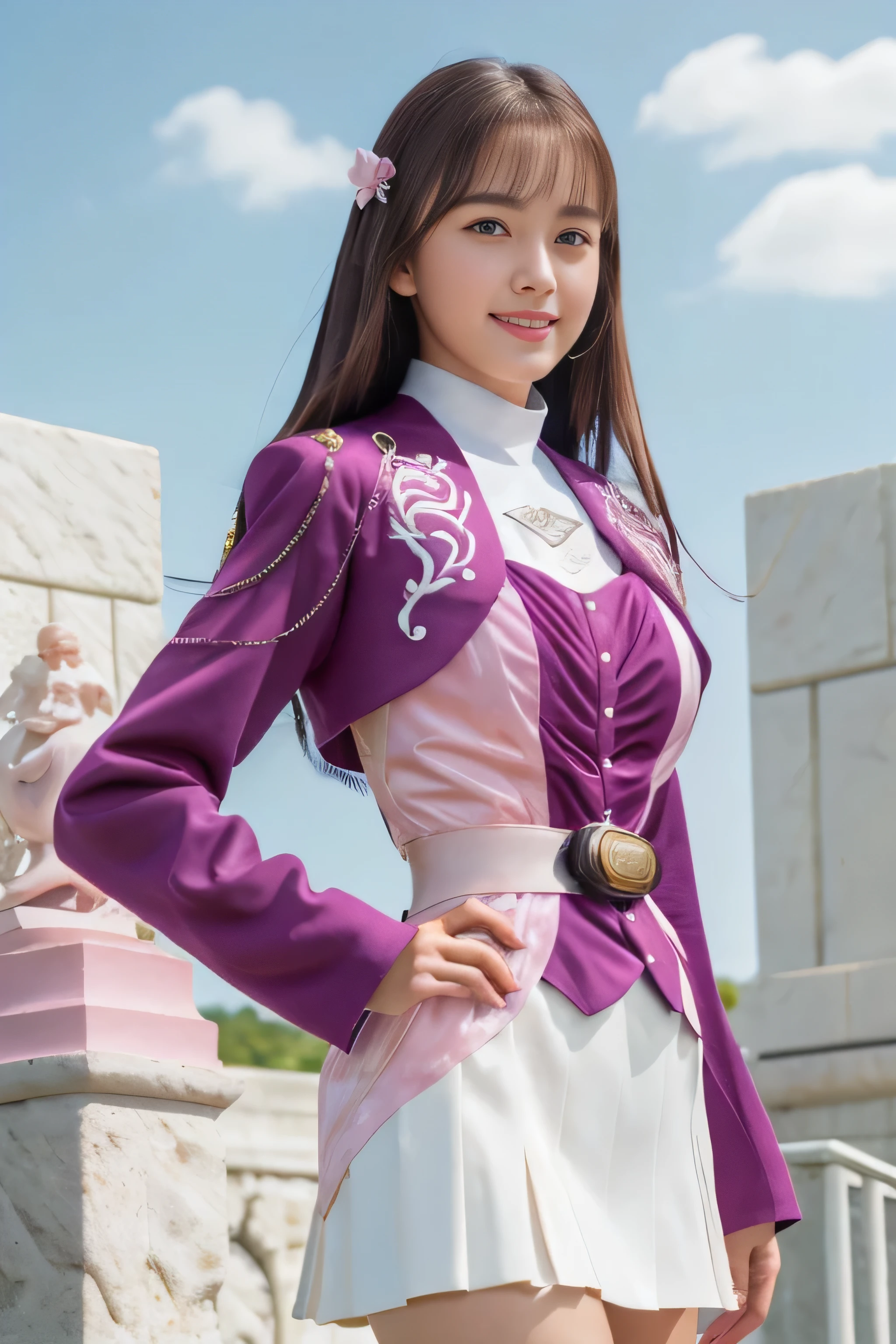 (Extremely detailed CG), (Best Quality), Front View,One Girl, Perfect Face,  Shiny skin, Shiny skin, Wide Hips, Narrow waist,  ,May,purple bolero jacket,White Skirt,Long sleeve, Pink Belt, Brown Hair,smile, Straight hair, Character portrait, 