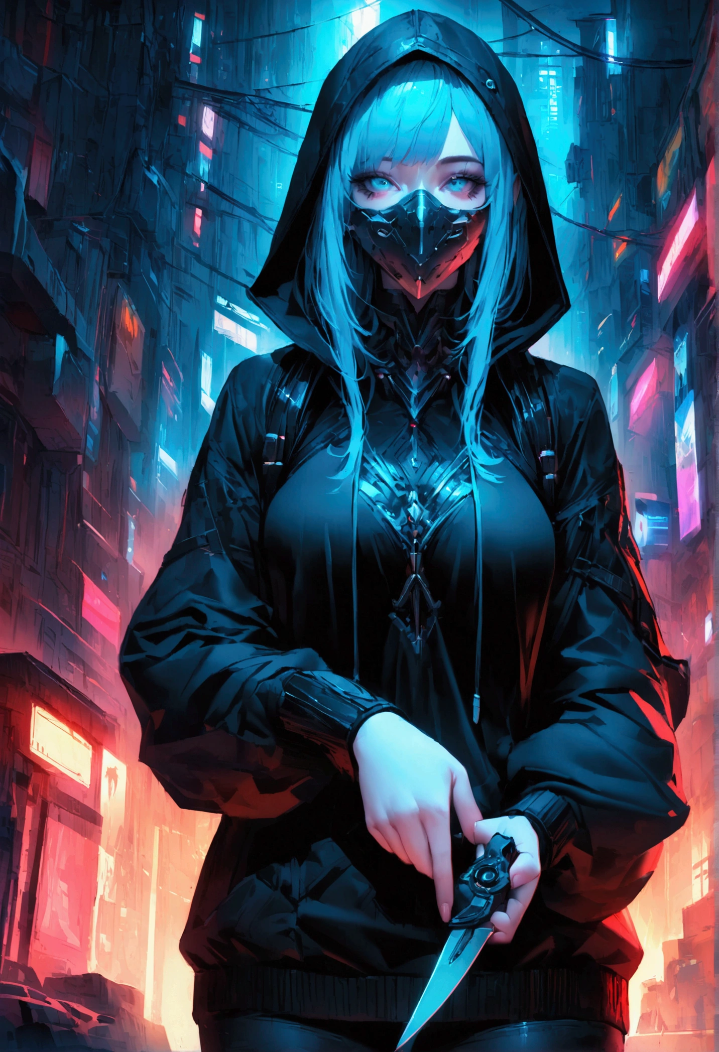 uma mulher, 8k, plague doctor, ao fundo cidade cyberpunk a noite, alta resolução, obra-prima, melhor qualidade, pele finamente detalhada, Seios enormes, pernas muito musculosas