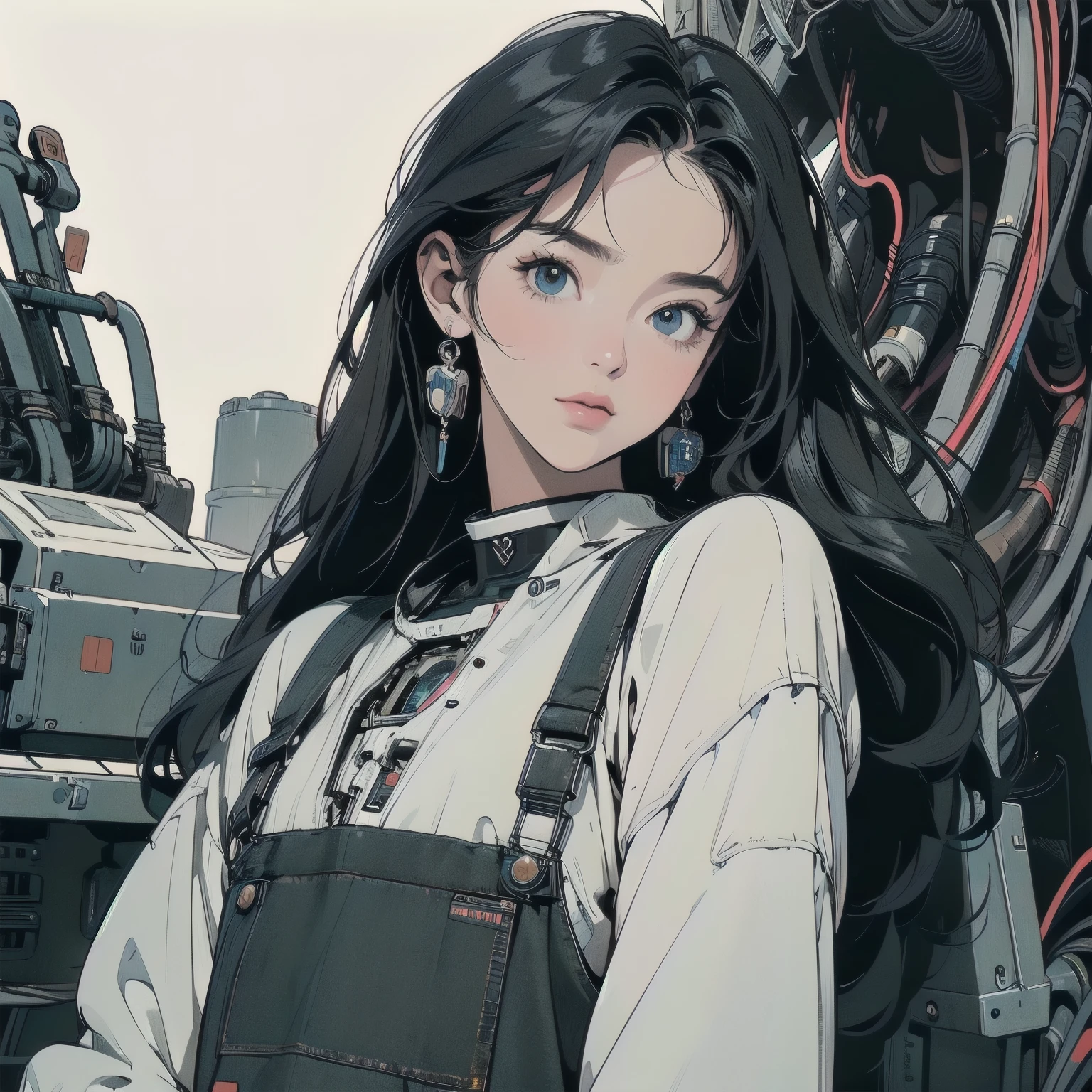 (((masterpiece, Highest quality)))、(((32K Wallpapers)))、The most detailed black machine、((Outdated black machinery and a woman)))、The most detailed background、(((Flat Chest)))、(((Surrounded by many complex, sophisticated, Outdated black machinery)))、Upper Body、 (one person:1.2), ((Overall colorfully))、A perfect Outdated black machinery、(((Perfect Face)))、(((The most complete Outdated black machinery)))、Detailed Hair、(((white space suit)))、(((a lot of billboard))), (((Lots of cables)))、(((黒いコンクリートの壁)))、Close-up、Colorful hair colors、(((手は下に下げる)))